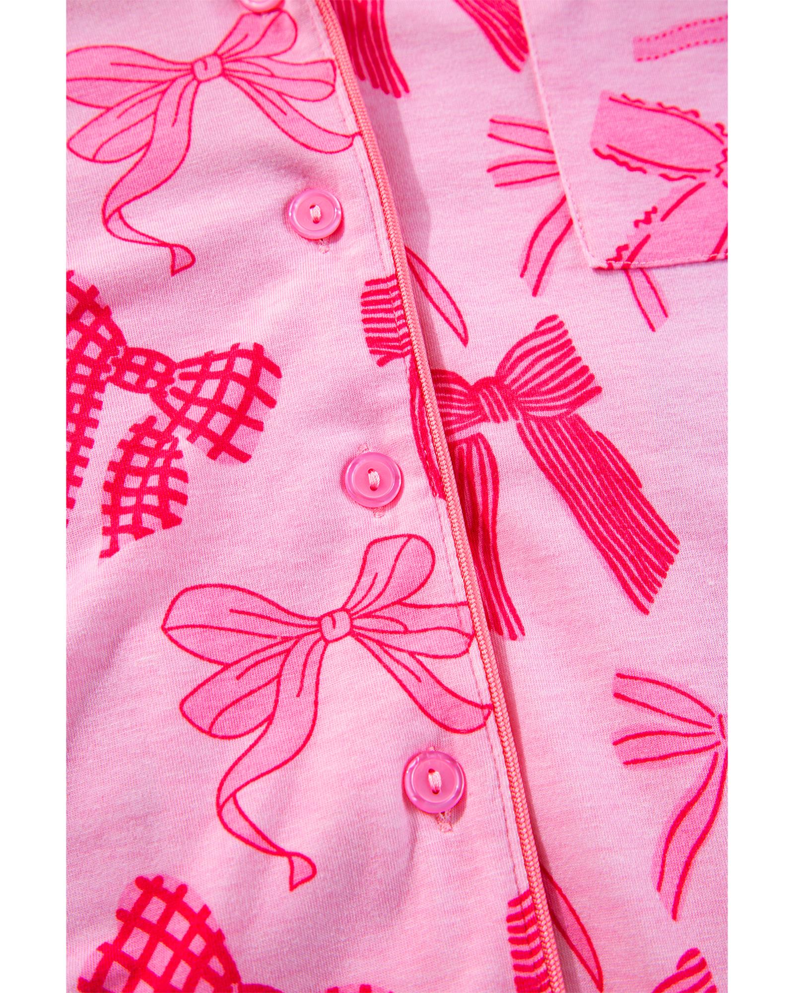 Pink Bow Knot Print Lapel Collar Short Sleeve and Pants Pajamas Set - XL 6
