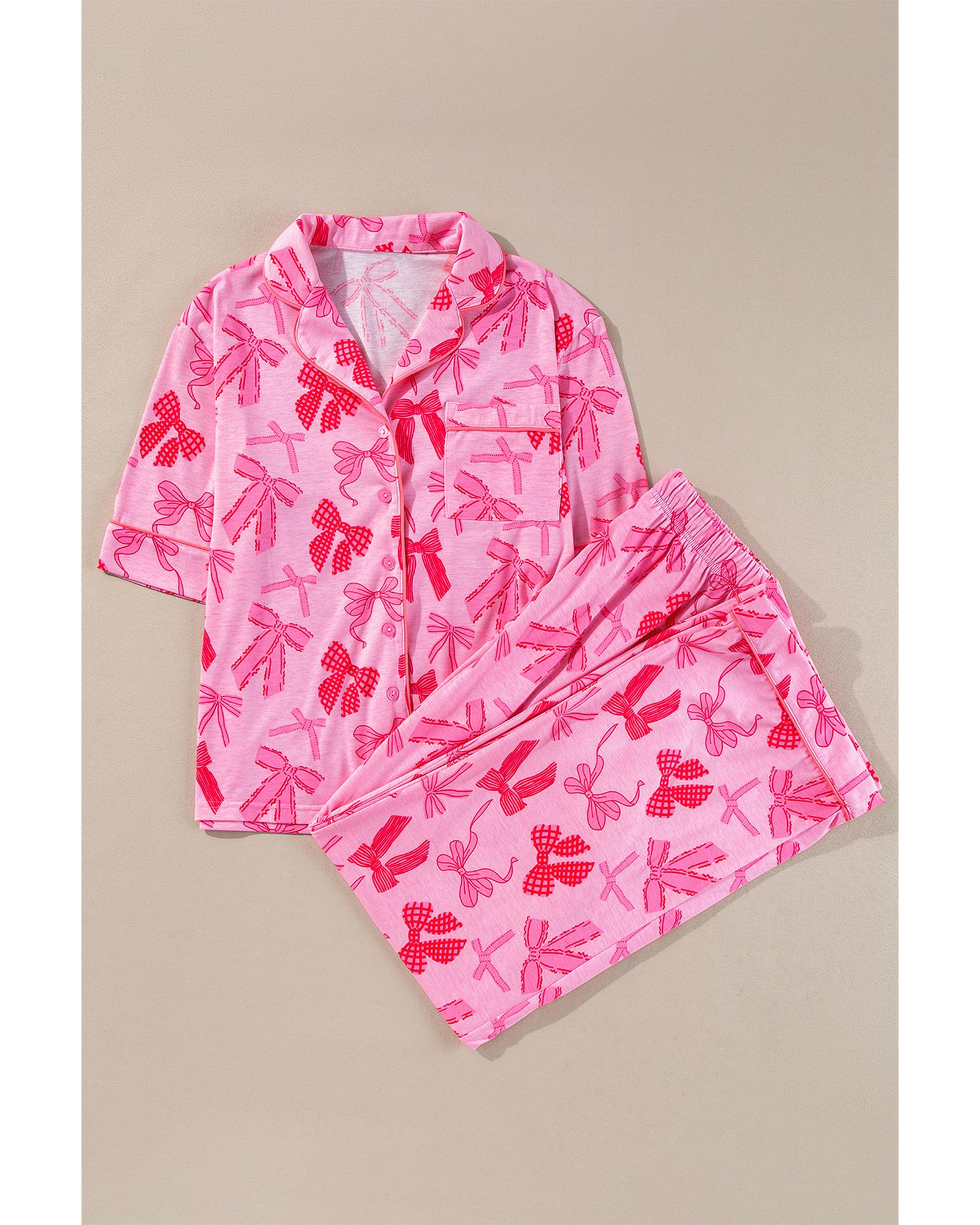 Pink Bow Knot Print Lapel Collar Short Sleeve and Pants Pajamas Set - XL 7