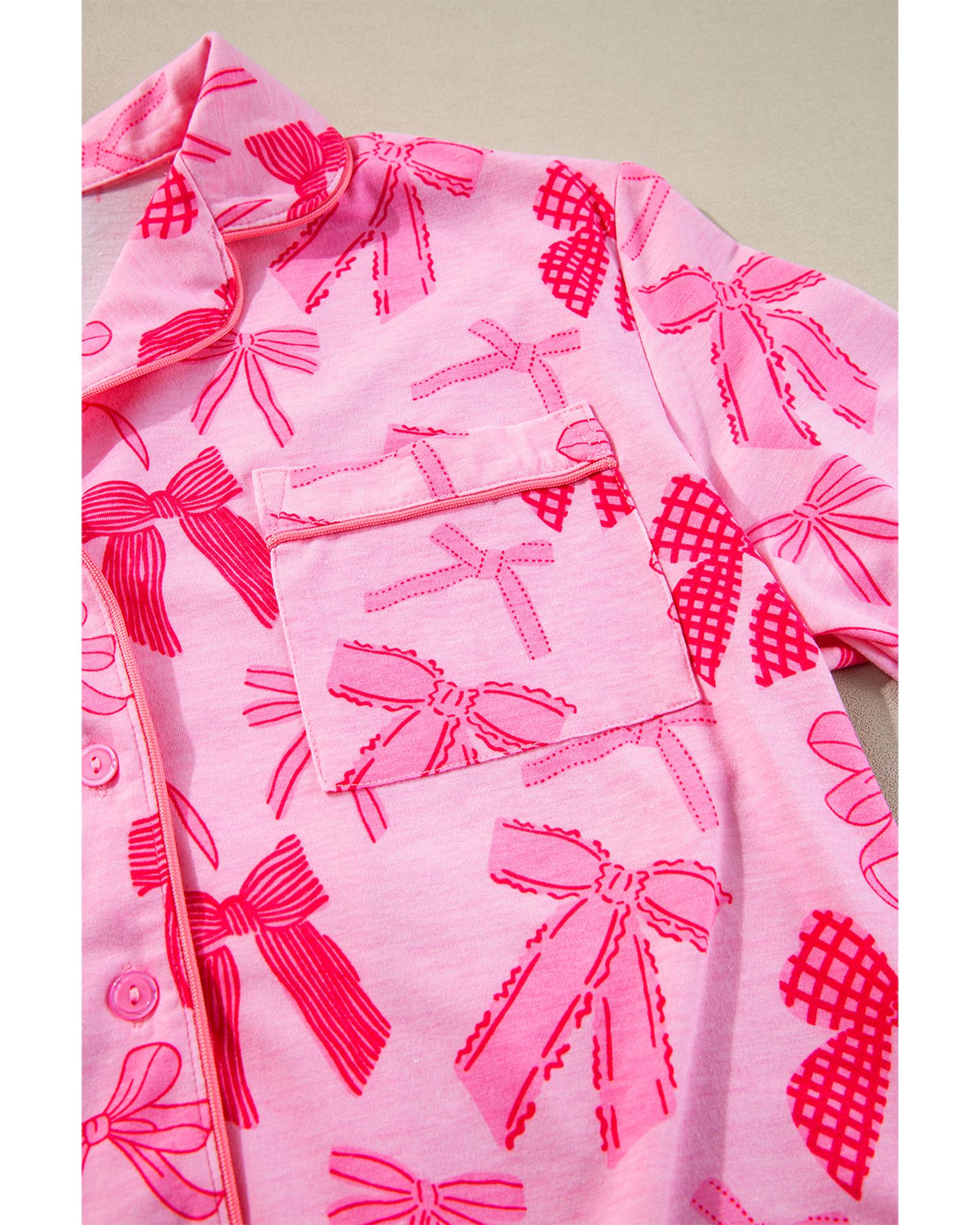Pink Bow Knot Print Lapel Collar Short Sleeve and Pants Pajamas Set - XL 8