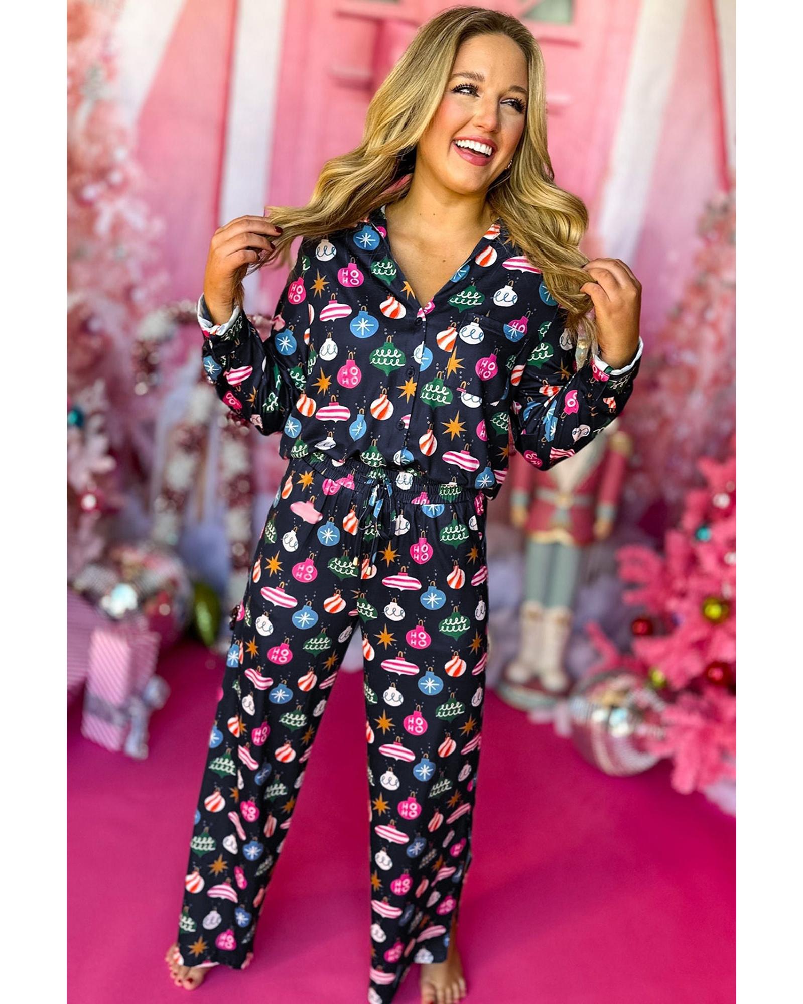 Navy Blue Colorful Christmas Lights Print Shirt and Pants Pajama Set - M 3
