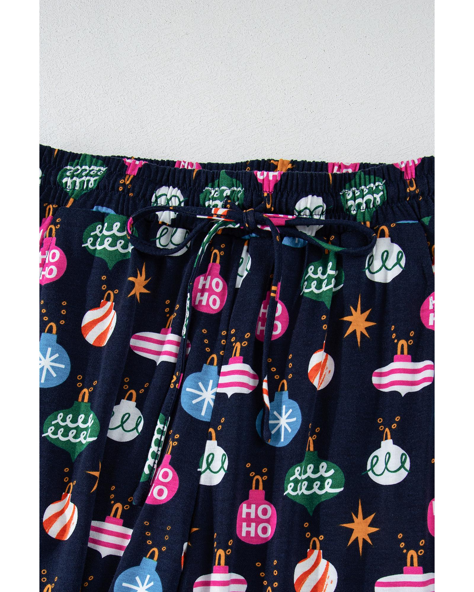 Navy Blue Colorful Christmas Lights Print Shirt and Pants Pajama Set - M 7