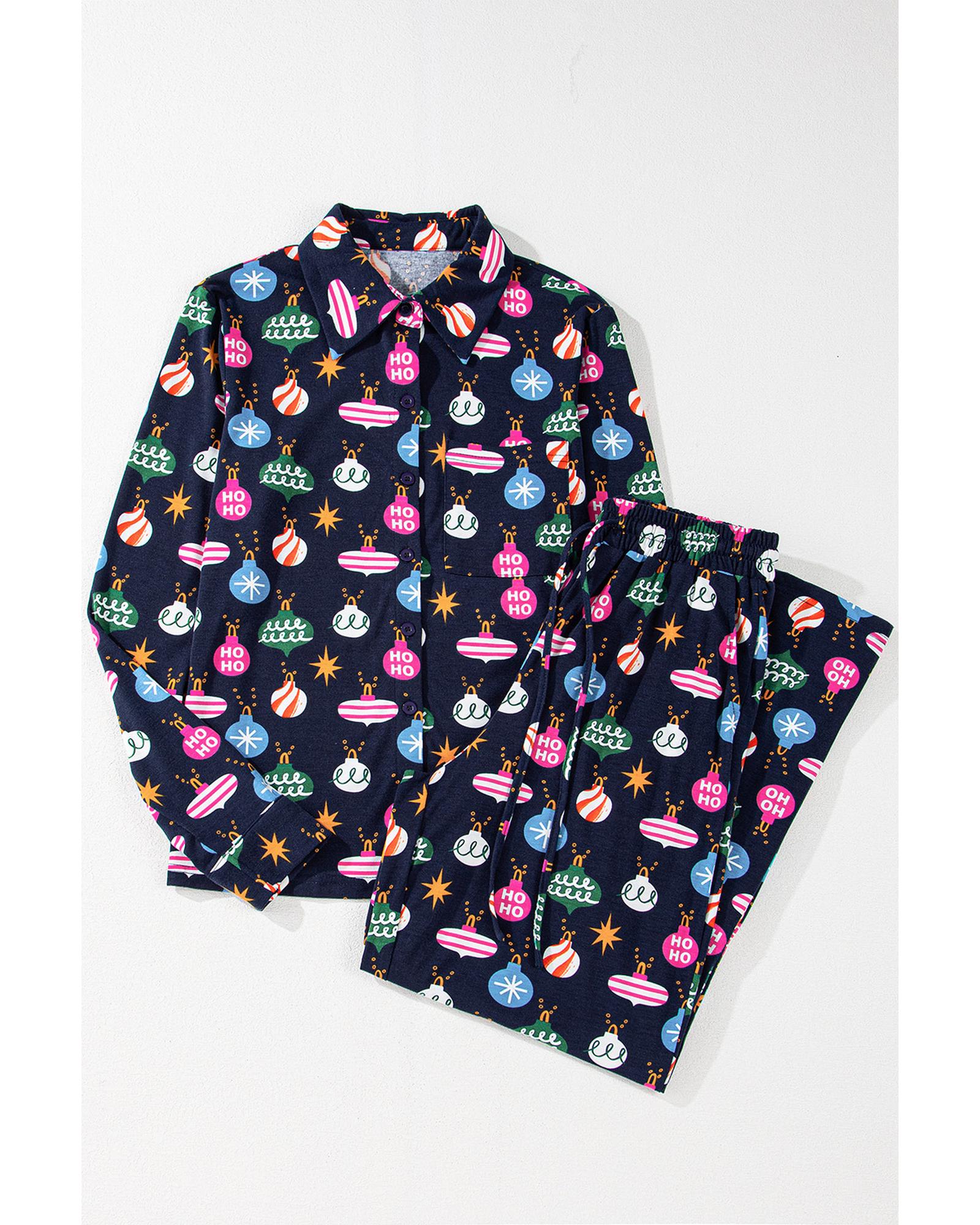 Navy Blue Colorful Christmas Lights Print Shirt and Pants Pajama Set - XL 5