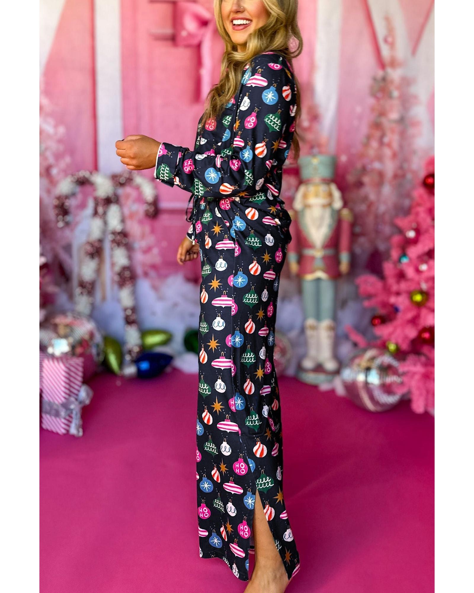 Navy Blue Colorful Christmas Lights Print Shirt and Pants Pajama Set - XL 7