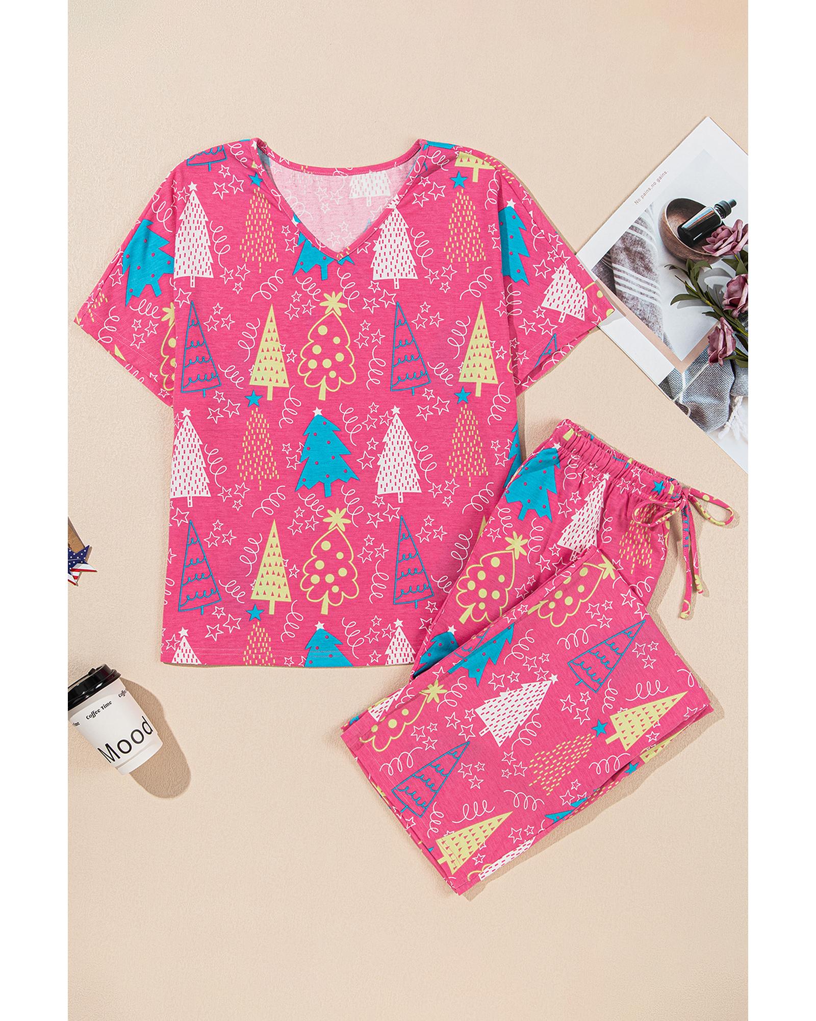 Rose Christmas Tree Print V Neck Tee and Pants Lounge Set - L 7