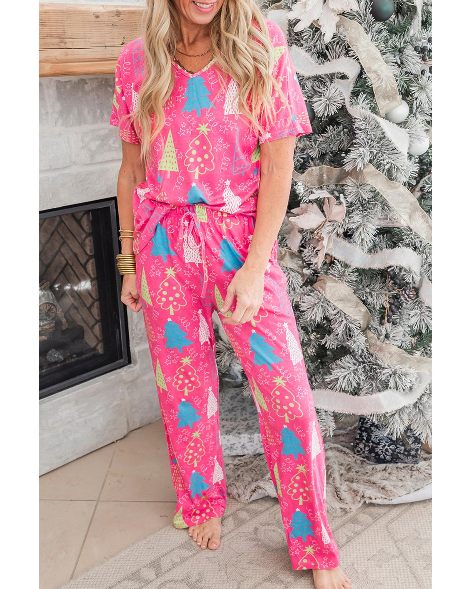 Rose Christmas Tree Print V Neck Tee and Pants Lounge Set - S 6