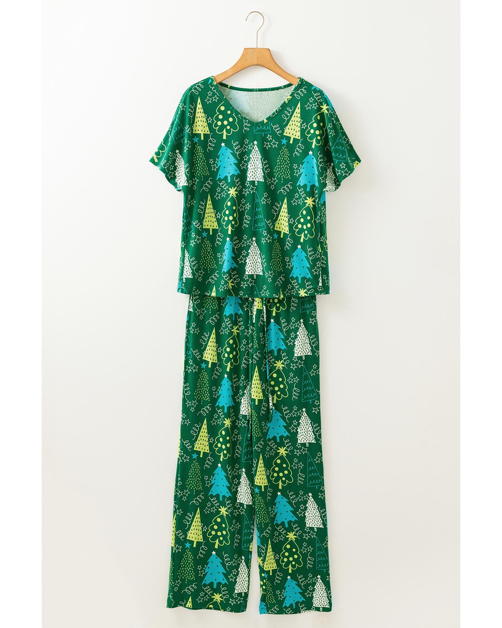 Green Christmas Tree Print V Neck Tee and Pants Lounge Set - 2XL 3