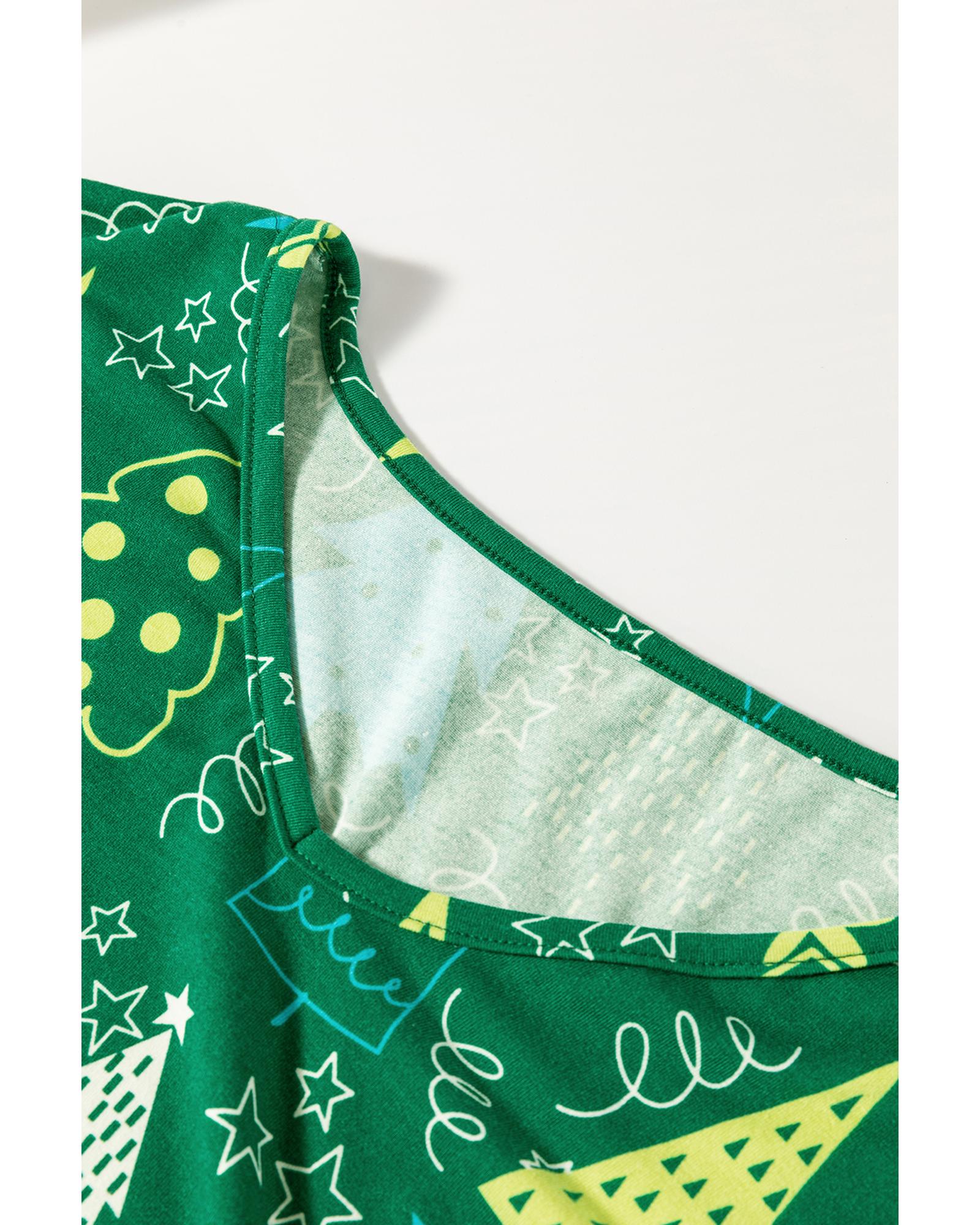 Green Christmas Tree Print V Neck Tee and Pants Lounge Set - 2XL 6
