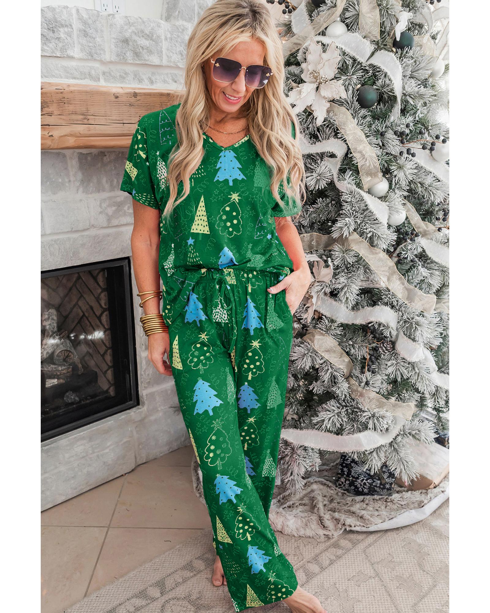 Green Christmas Tree Print V Neck Tee and Pants Lounge Set - L 7