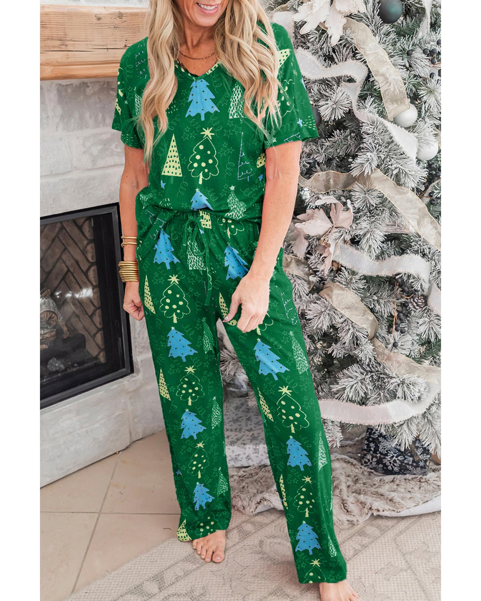 Green Christmas Tree Print V Neck Tee and Pants Lounge Set - L 8