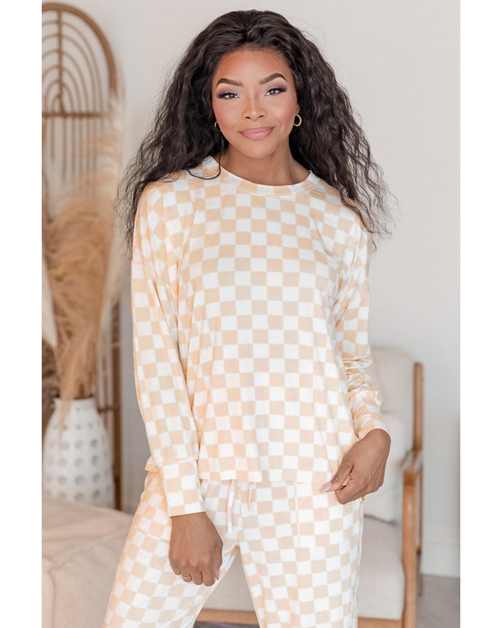 Beige Checkered Print Long Sleeve Top and Pants Lounge Set - M 3