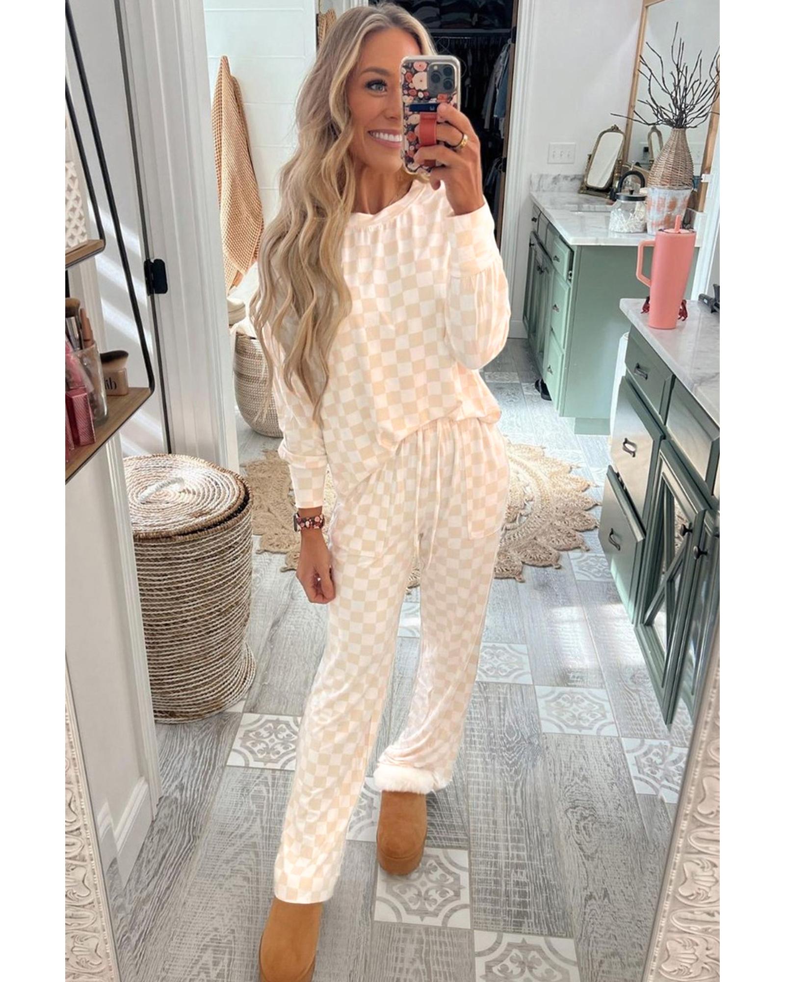 Beige Checkered Print Long Sleeve Top and Pants Lounge Set - M 4