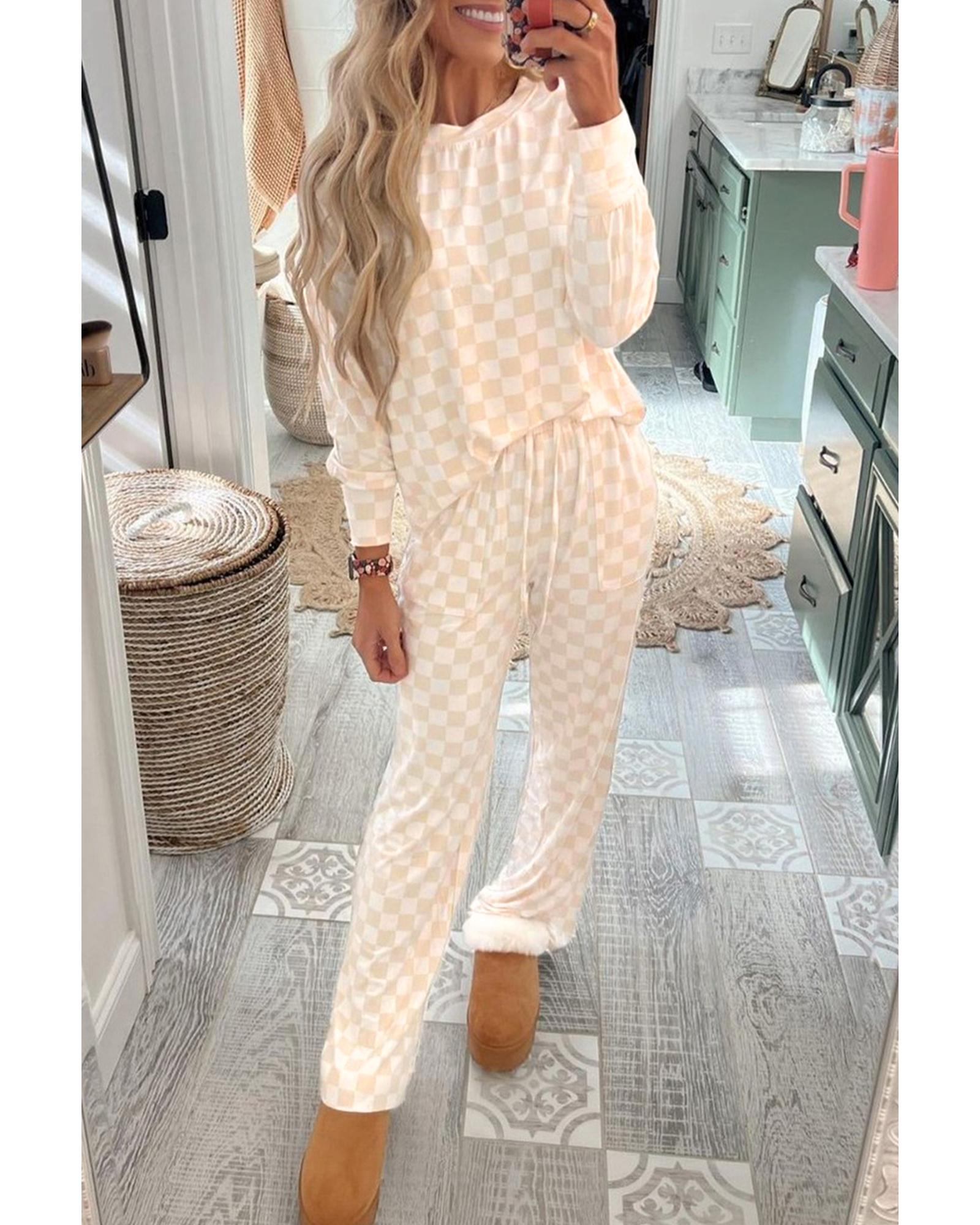 Beige Checkered Print Long Sleeve Top and Pants Lounge Set - M 6