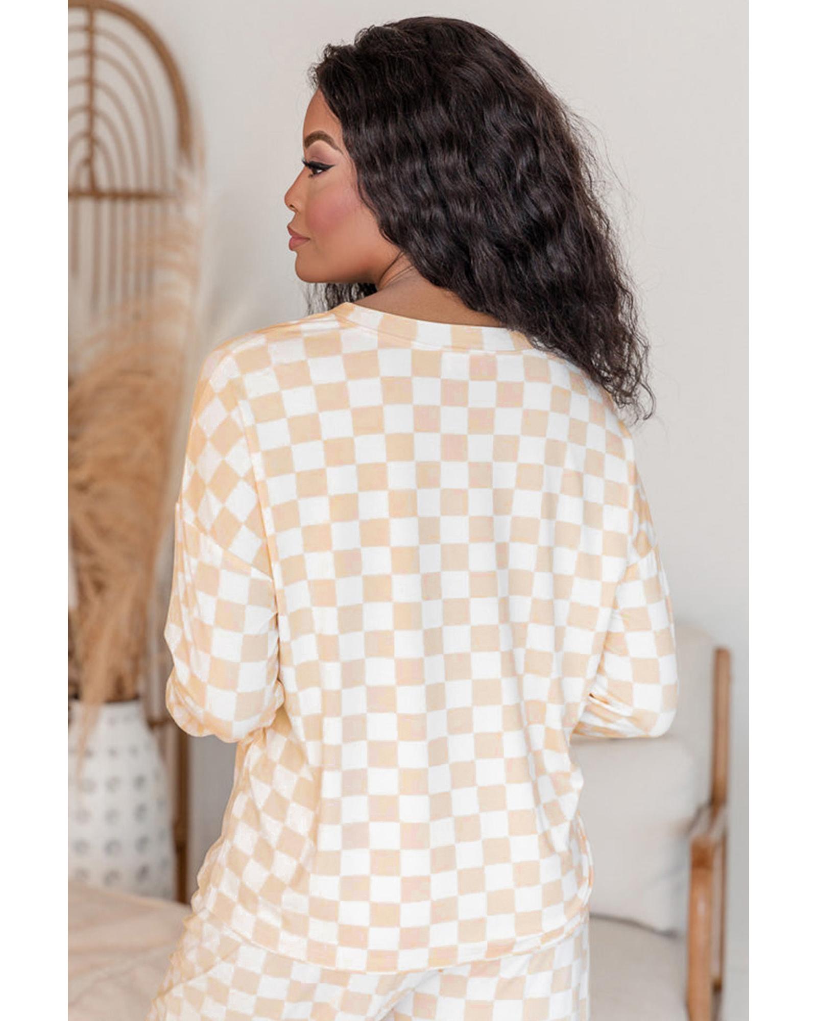 Beige Checkered Print Long Sleeve Top and Pants Lounge Set - XL