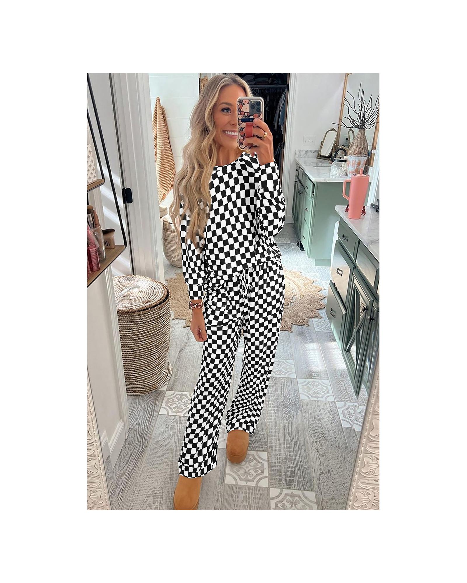Black Checkered Print Long Sleeve Top and Pants Lounge Set - L