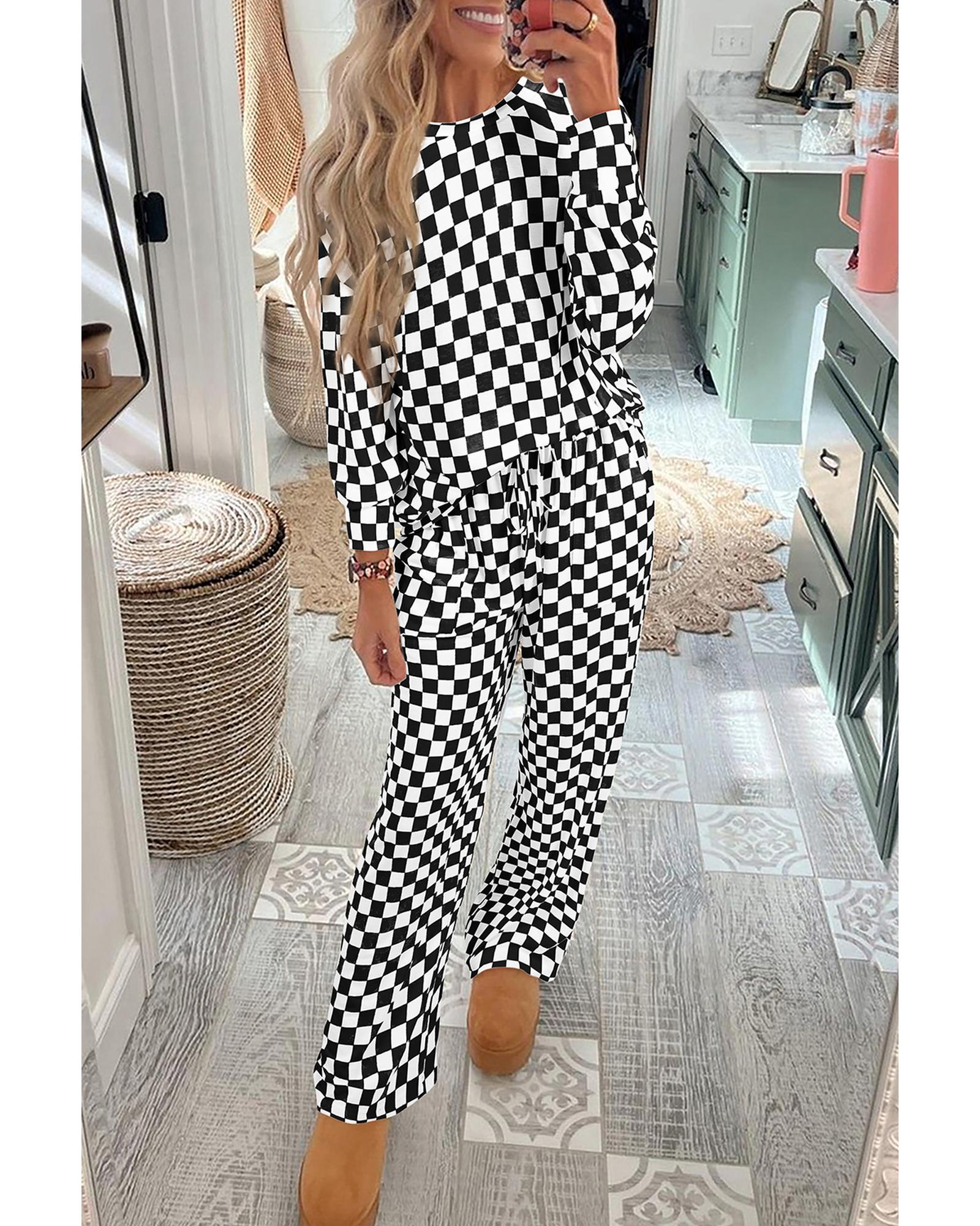 Black Checkered Print Long Sleeve Top and Pants Lounge Set - L 3