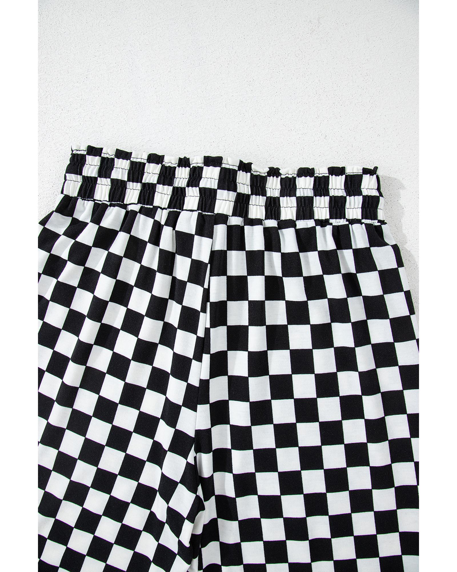 Black Checkered Print Long Sleeve Top and Pants Lounge Set - L 4