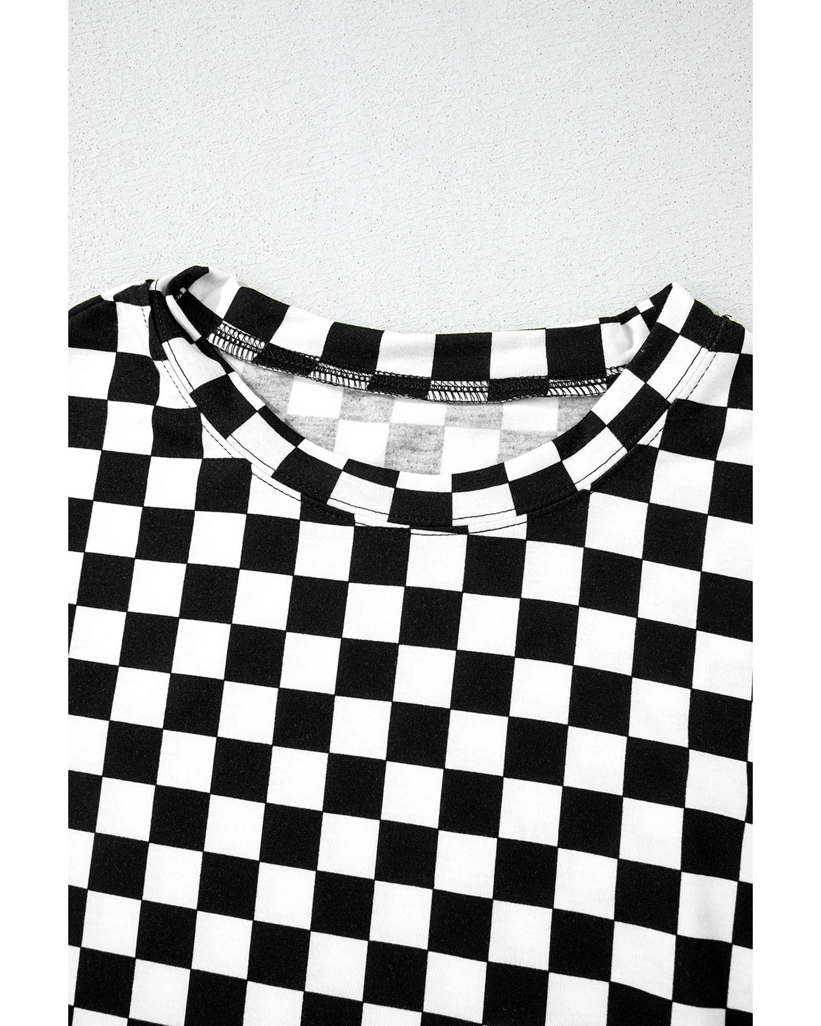 Black Checkered Print Long Sleeve Top and Pants Lounge Set - L 6