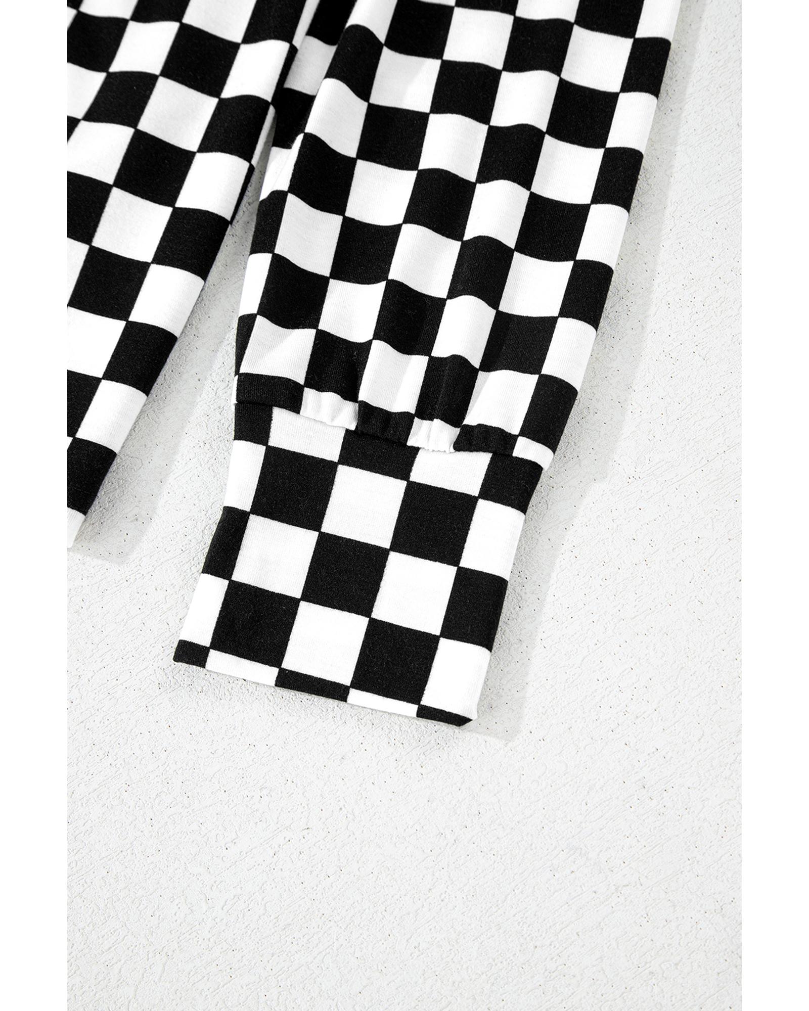 Black Checkered Print Long Sleeve Top and Pants Lounge Set - L 7