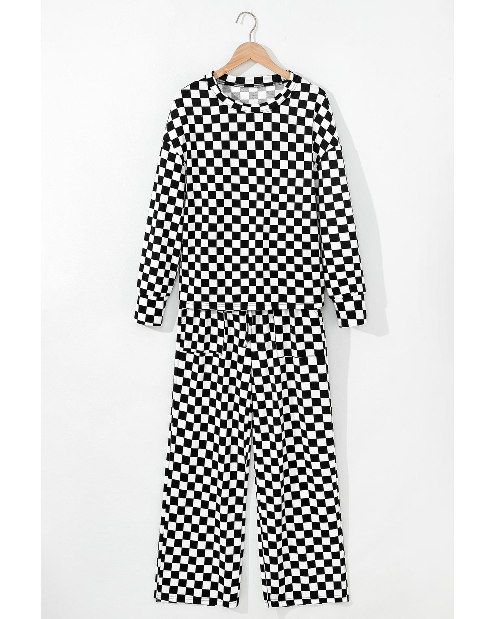 Black Checkered Print Long Sleeve Top and Pants Lounge Set - L 8