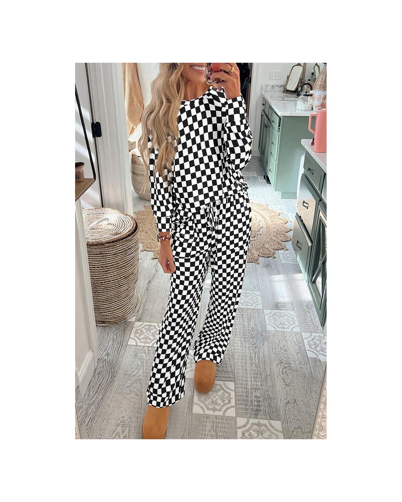 Black Checkered Print Long Sleeve Top and Pants Lounge Set - XL 3