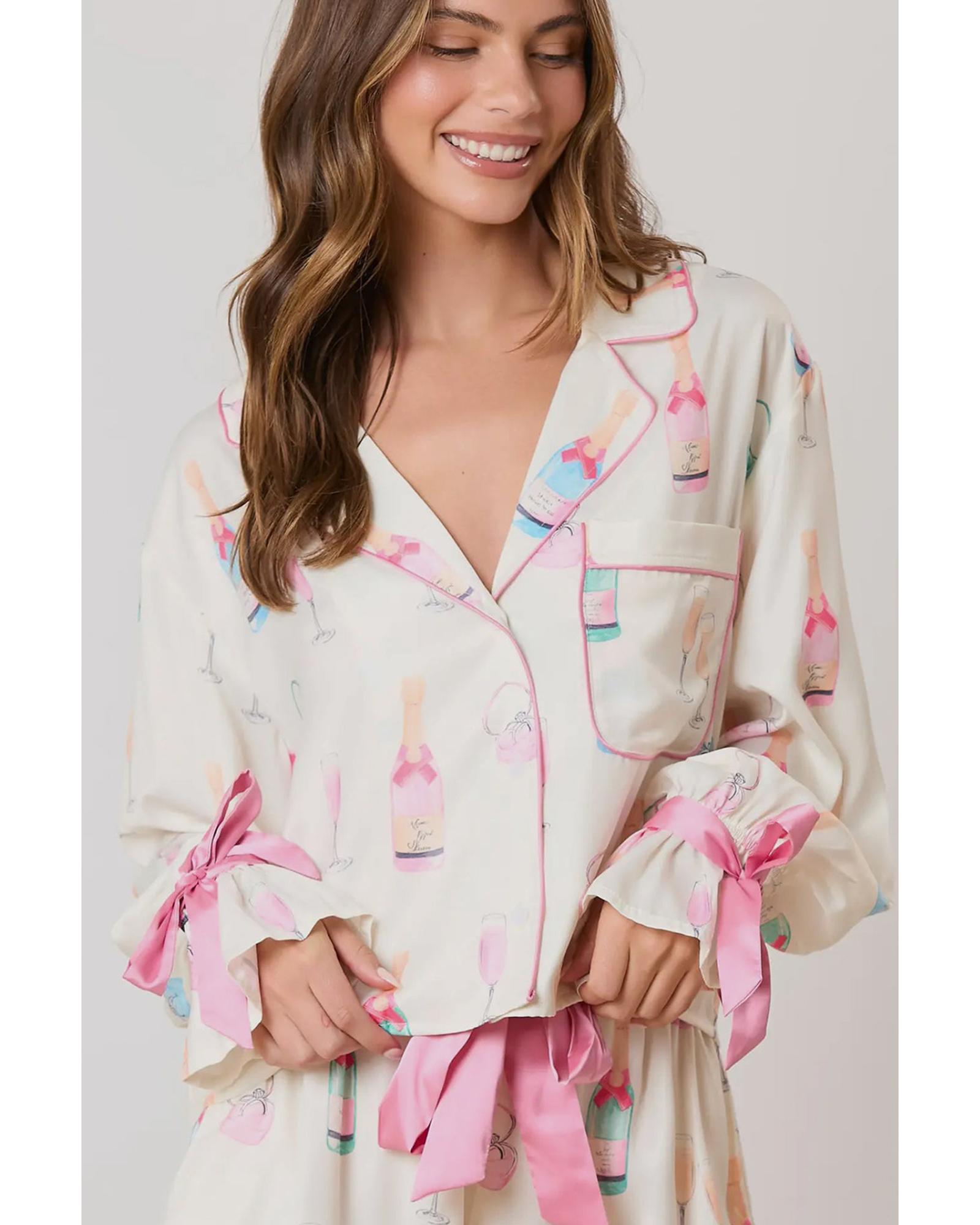 Azura Exchange White Christmas Wine Glass Print Bow Knot Two Piece Pajama Set - 2XL