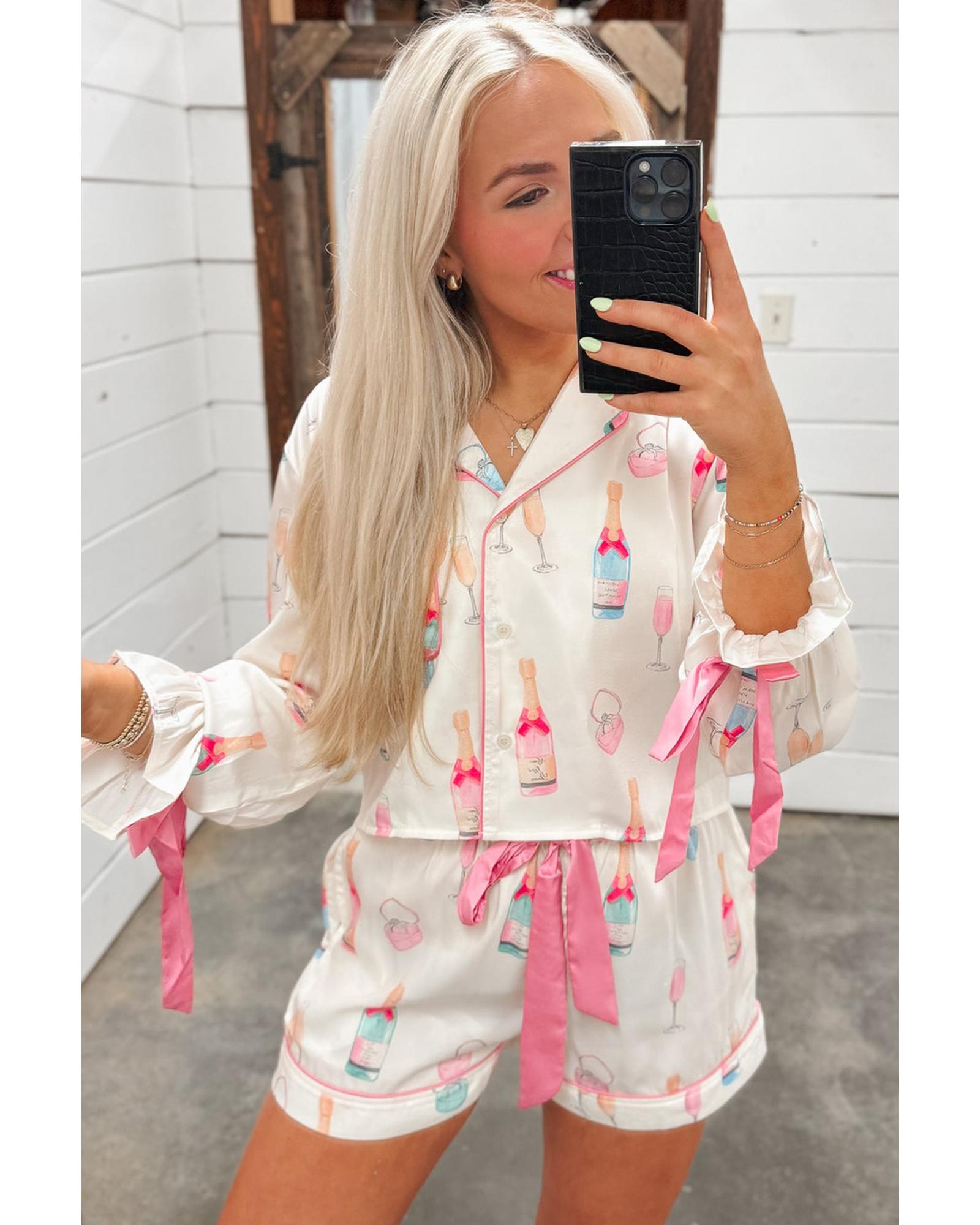 Azura Exchange White Christmas Wine Glass Print Bow Knot Two Piece Pajama Set - 2XL 5