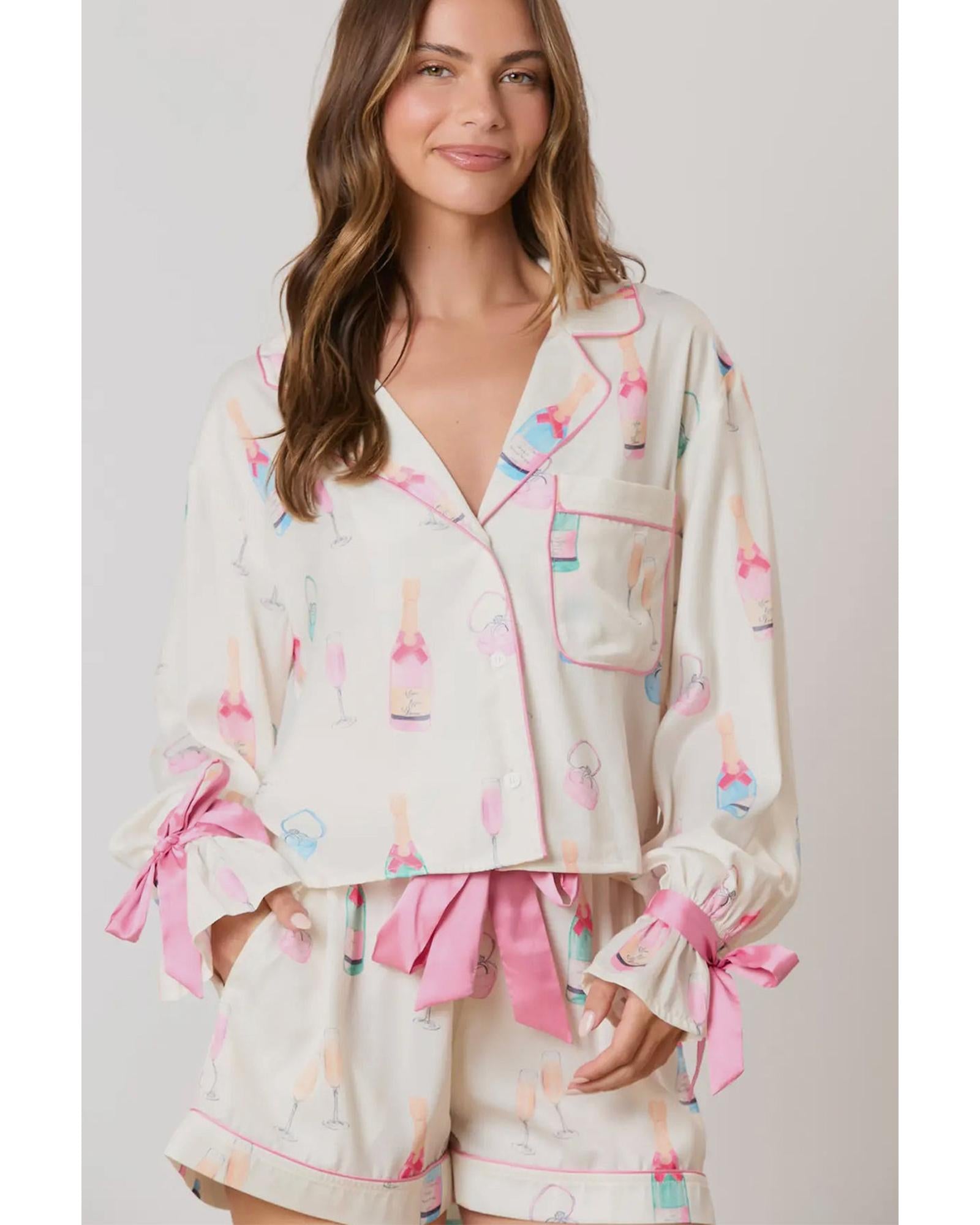 Azura Exchange White Christmas Wine Glass Print Bow Knot Two Piece Pajama Set - 2XL 6