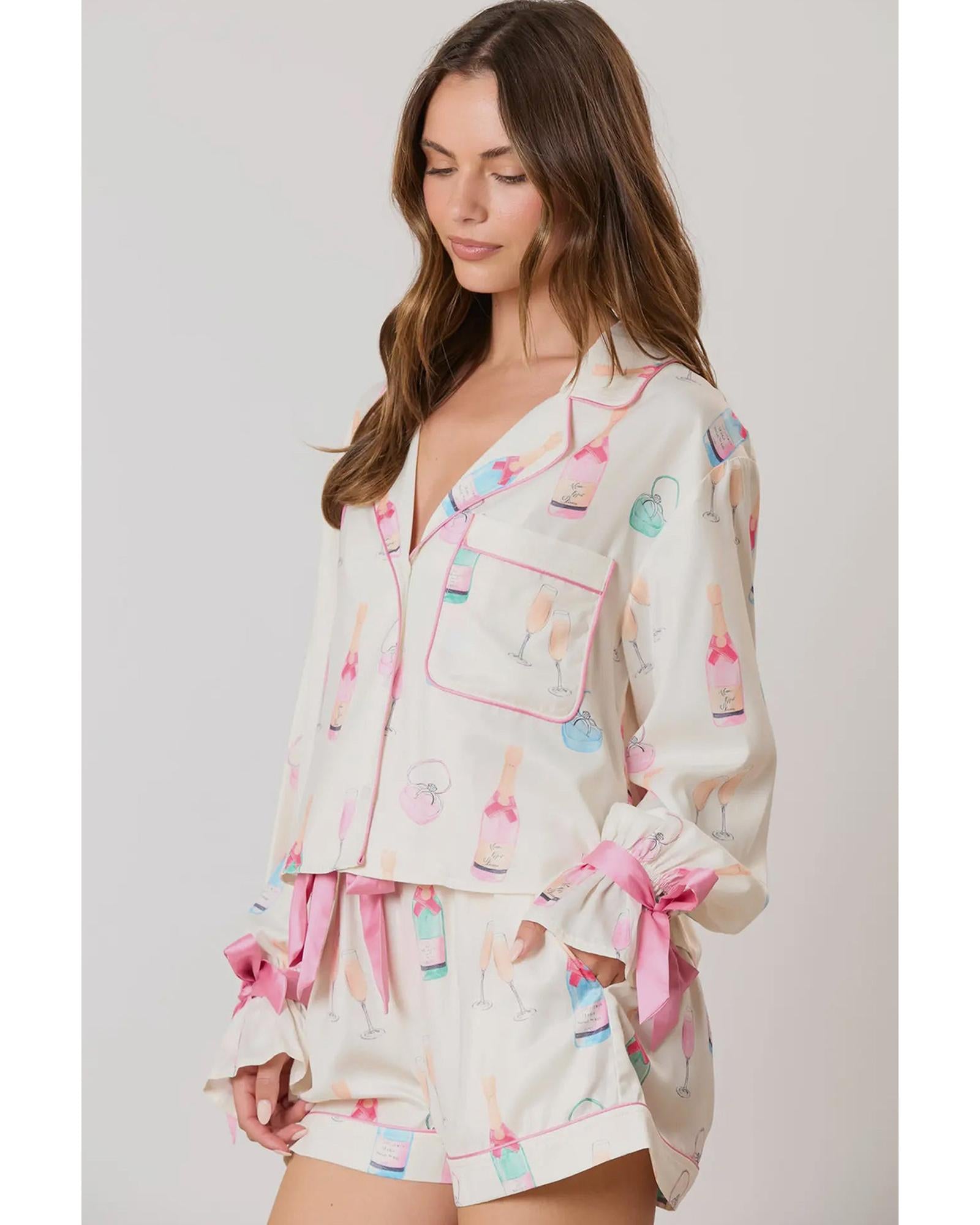 Azura Exchange White Christmas Wine Glass Print Bow Knot Two Piece Pajama Set - L