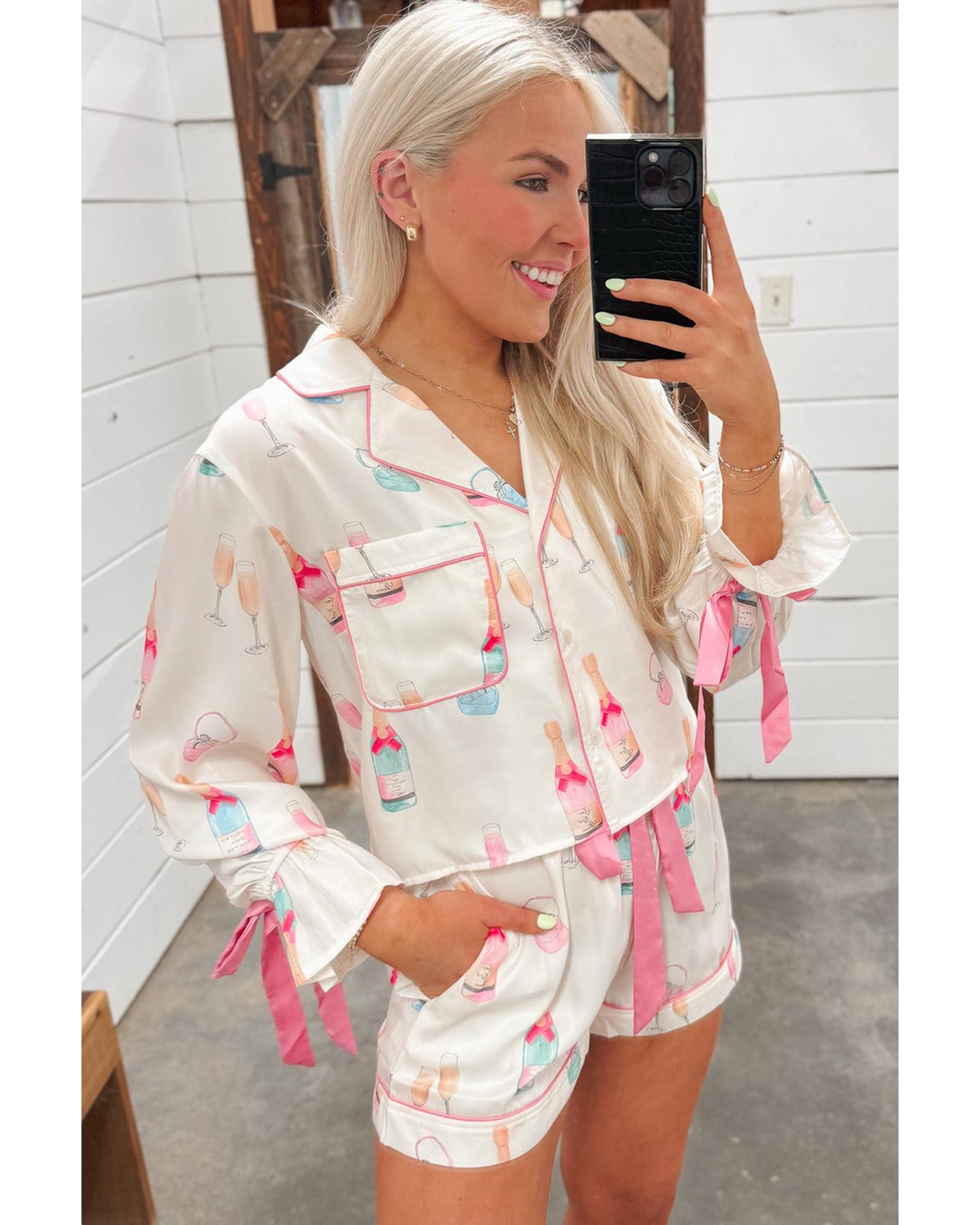 Azura Exchange White Christmas Wine Glass Print Bow Knot Two Piece Pajama Set - L 3