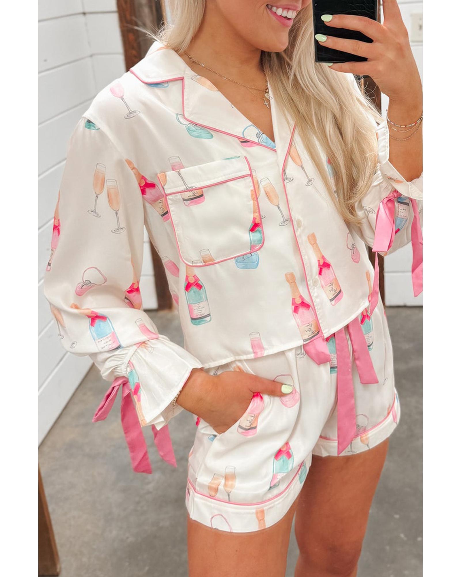 Azura Exchange White Christmas Wine Glass Print Bow Knot Two Piece Pajama Set - L 4