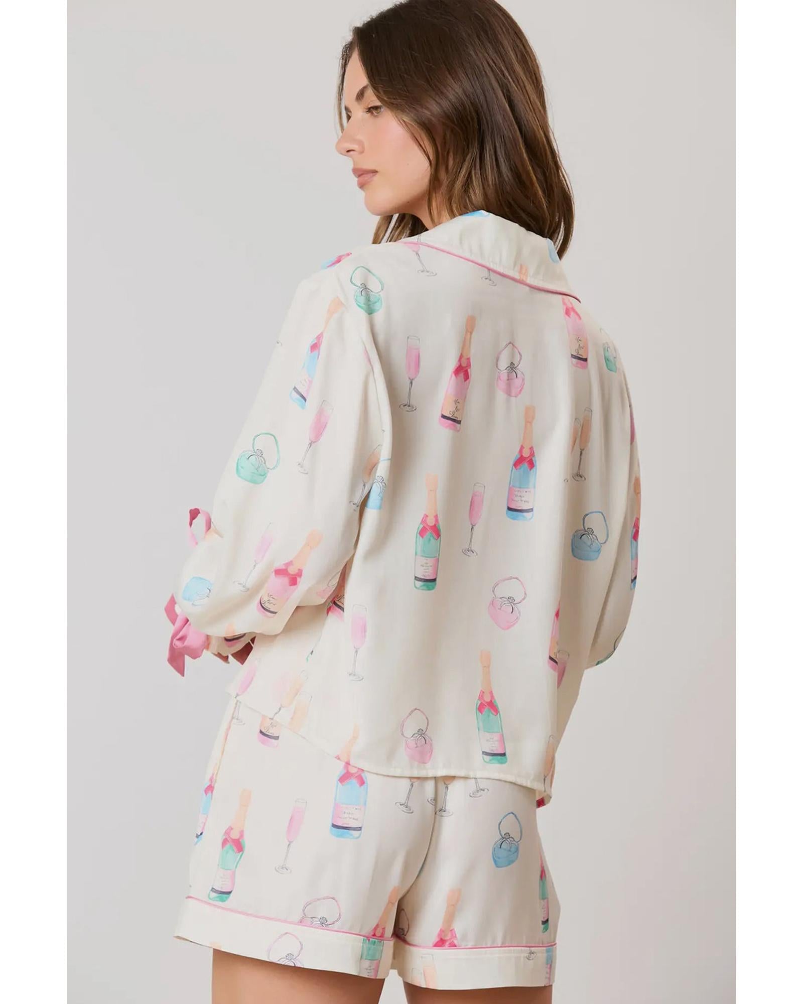 Azura Exchange White Christmas Wine Glass Print Bow Knot Two Piece Pajama Set - L 6