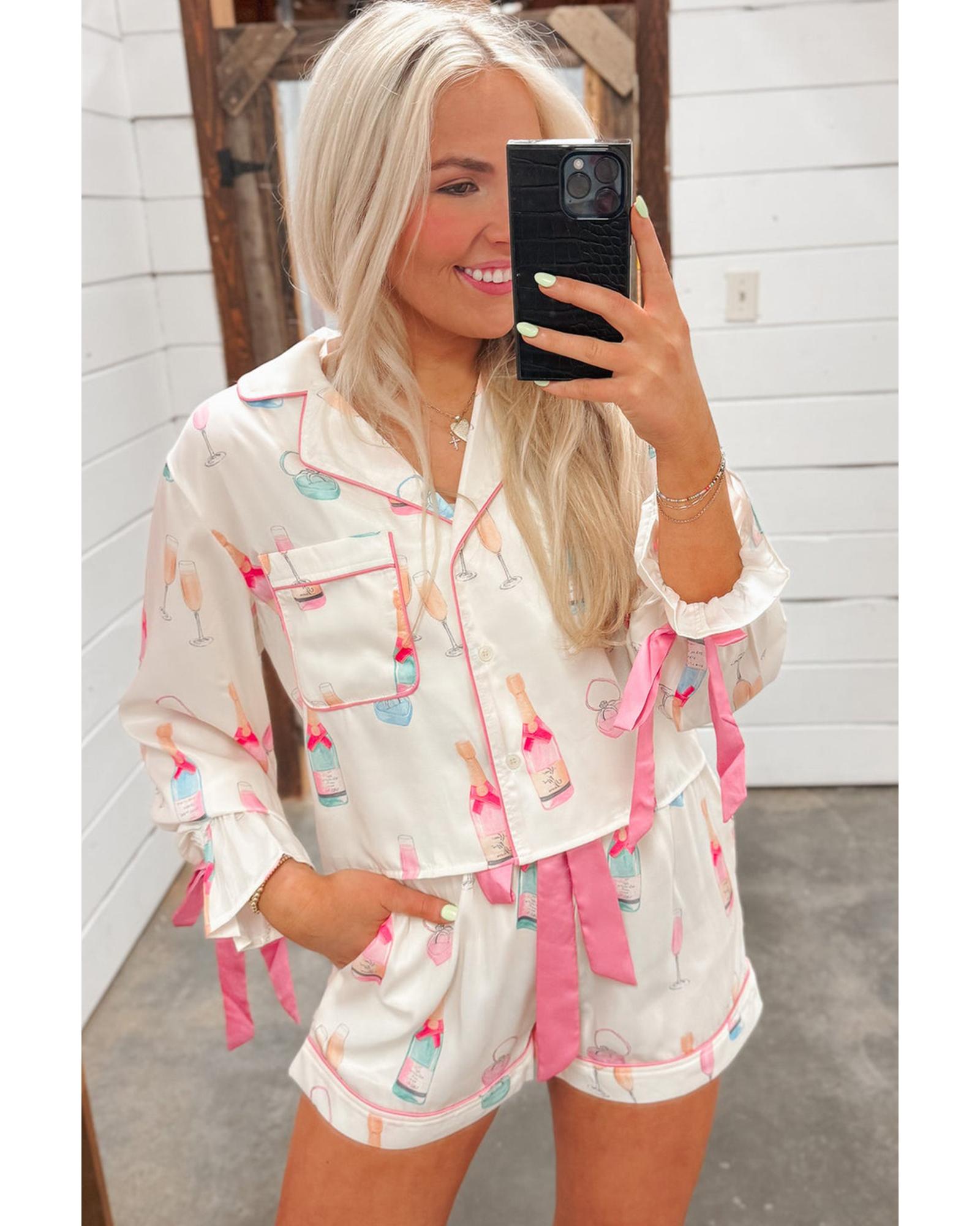 Azura Exchange White Christmas Wine Glass Print Bow Knot Two Piece Pajama Set - L 7
