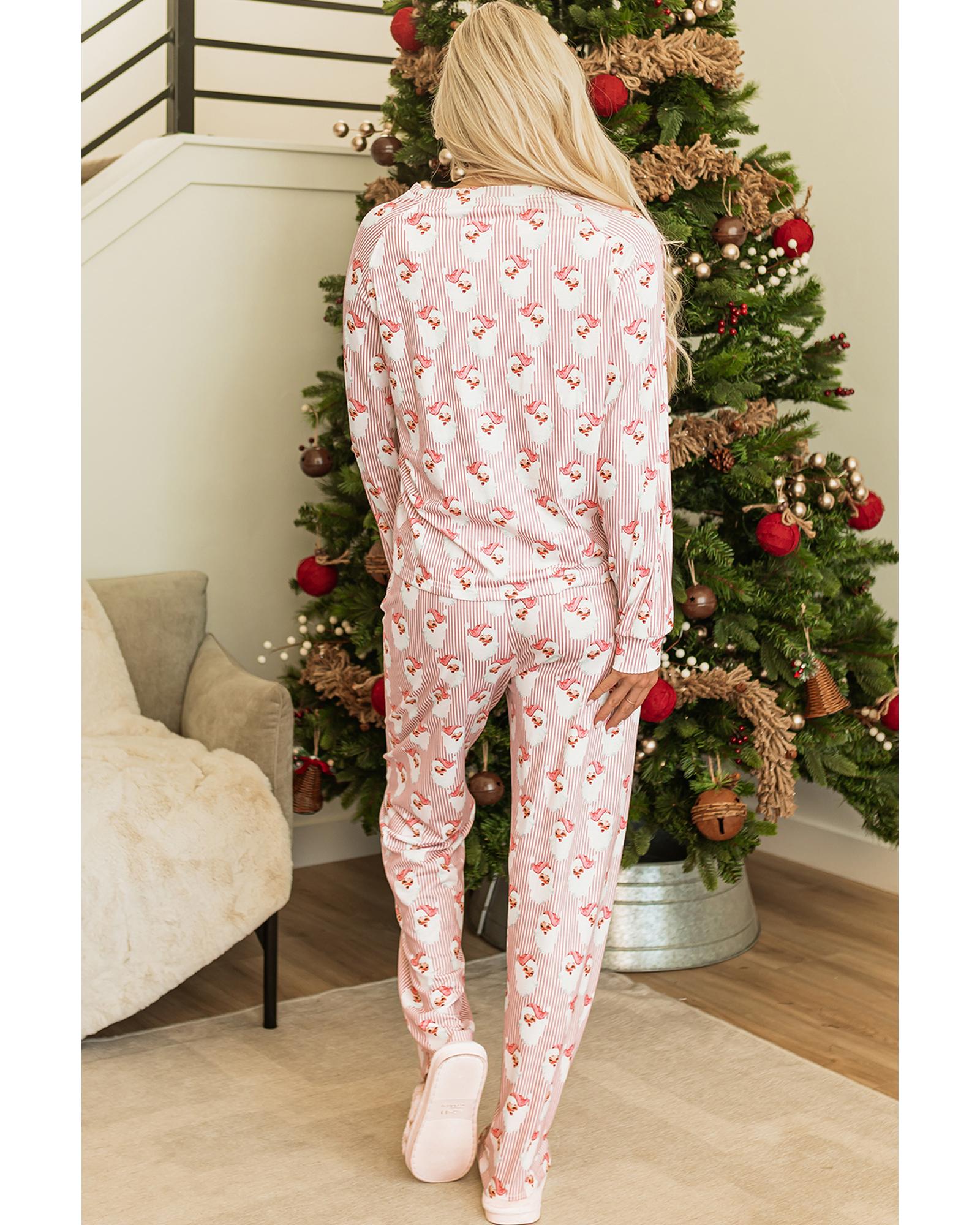 Pink Santa Claus Striped Print Loose Fit Two Piece Lounge Set - XL 3