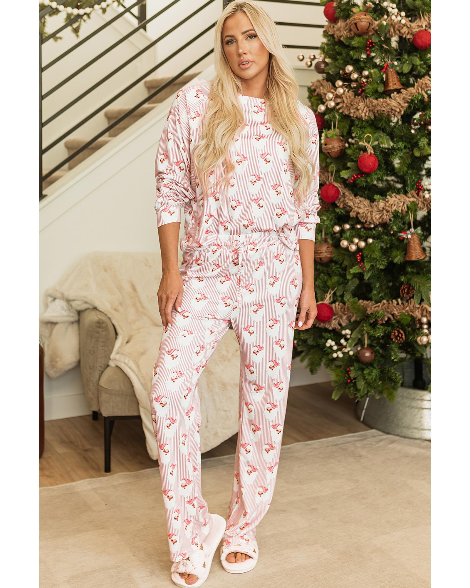 Pink Santa Claus Striped Print Loose Fit Two Piece Lounge Set - XL 4