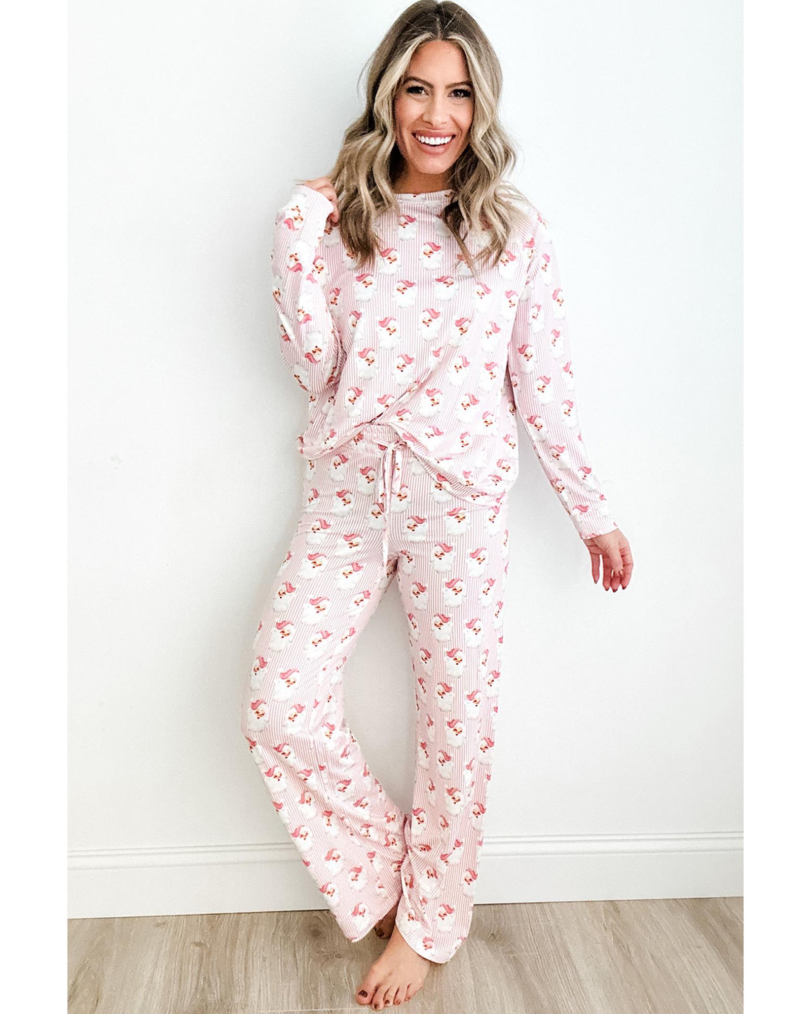 Pink Santa Claus Striped Print Loose Fit Two Piece Lounge Set - XL 6
