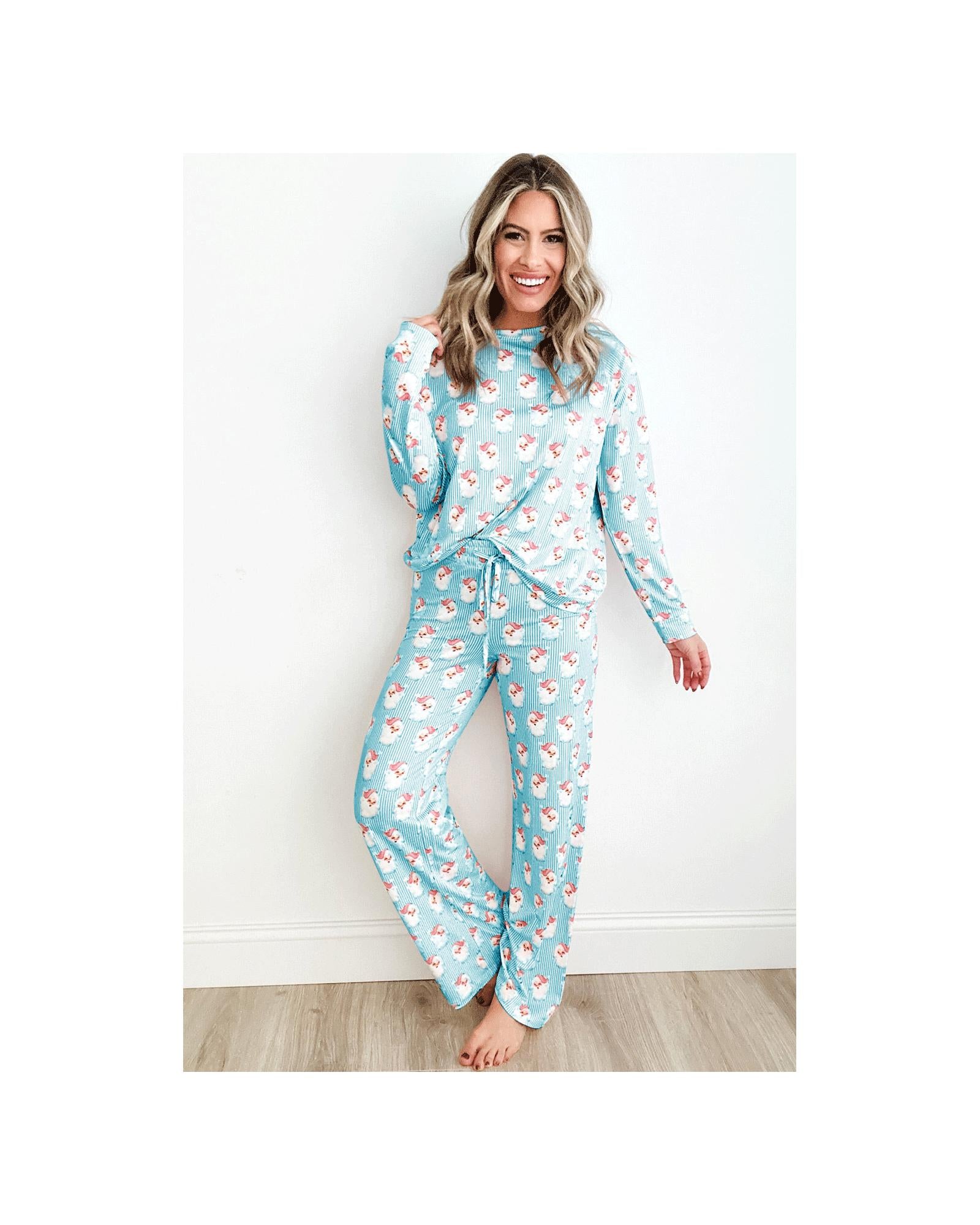 Sky Blue Santa Claus Striped Print Loose Fit Two Piece Lounge Set - XL