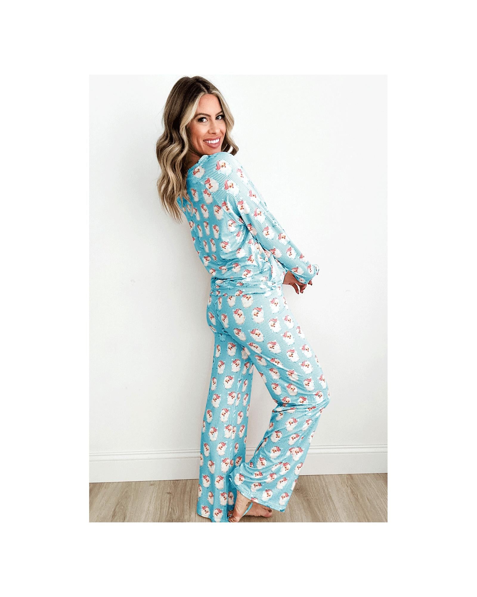 Sky Blue Santa Claus Striped Print Loose Fit Two Piece Lounge Set - XL 3