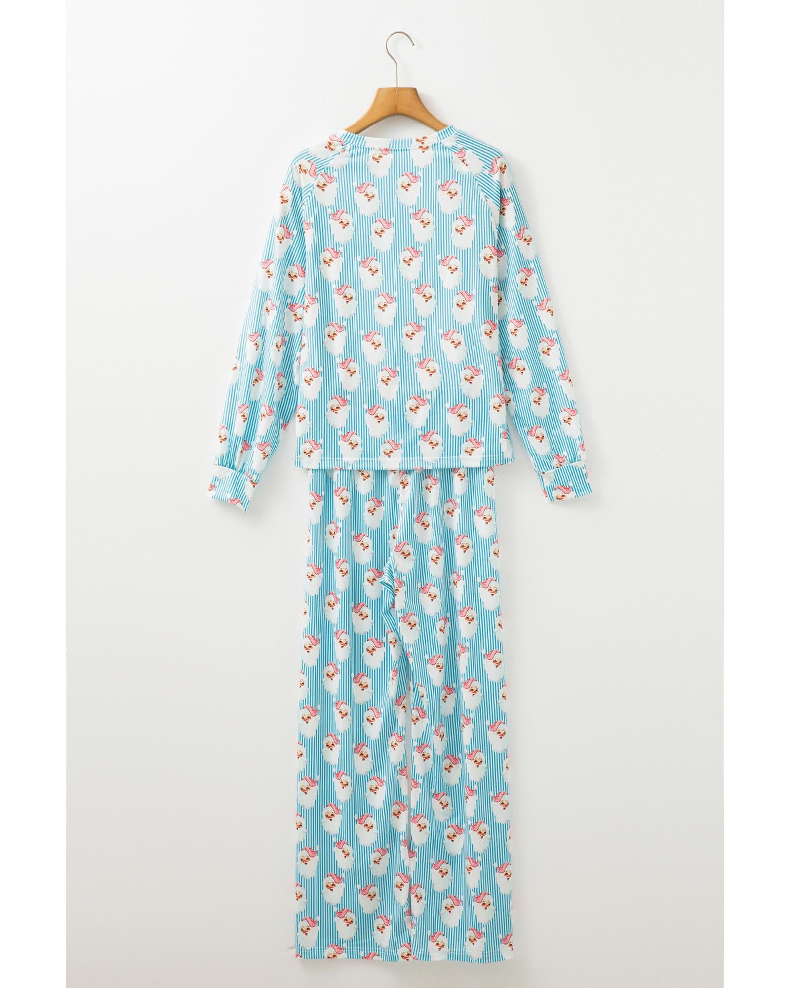 Sky Blue Santa Claus Striped Print Loose Fit Two Piece Lounge Set - XL 7