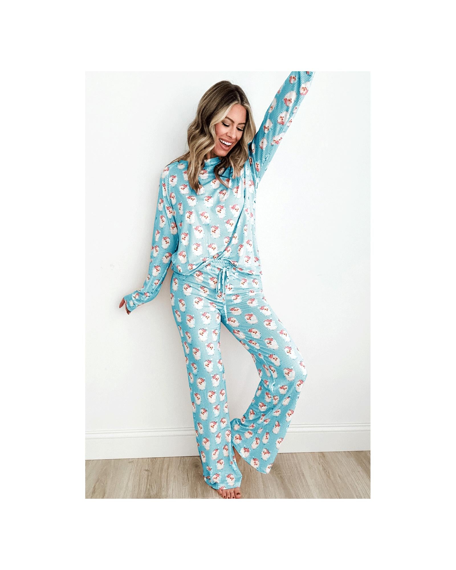 Sky Blue Santa Claus Striped Print Loose Fit Two Piece Lounge Set - XL 8