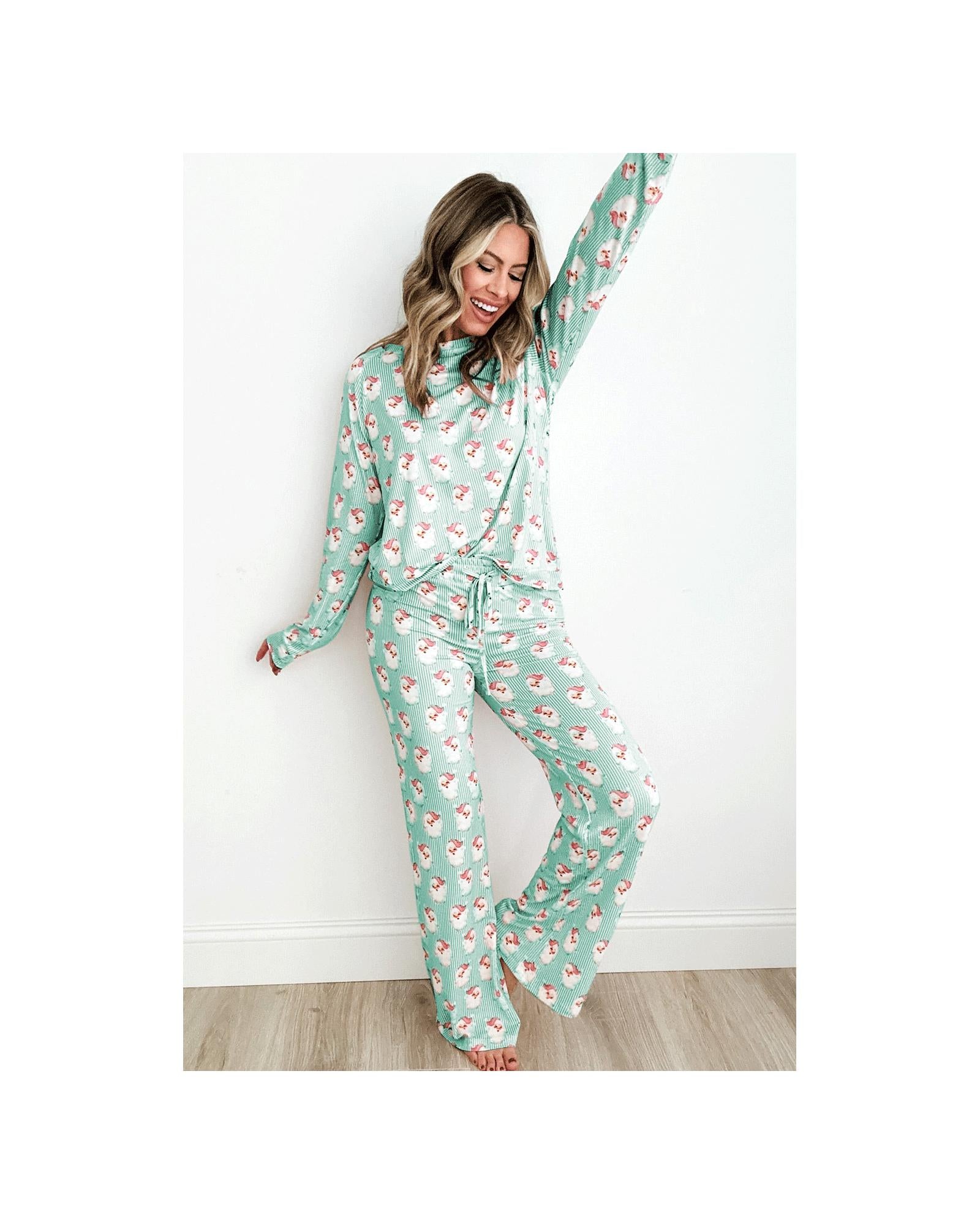 Green Santa Claus Striped Print Loose Fit Two Piece Lounge Set - 2XL 4