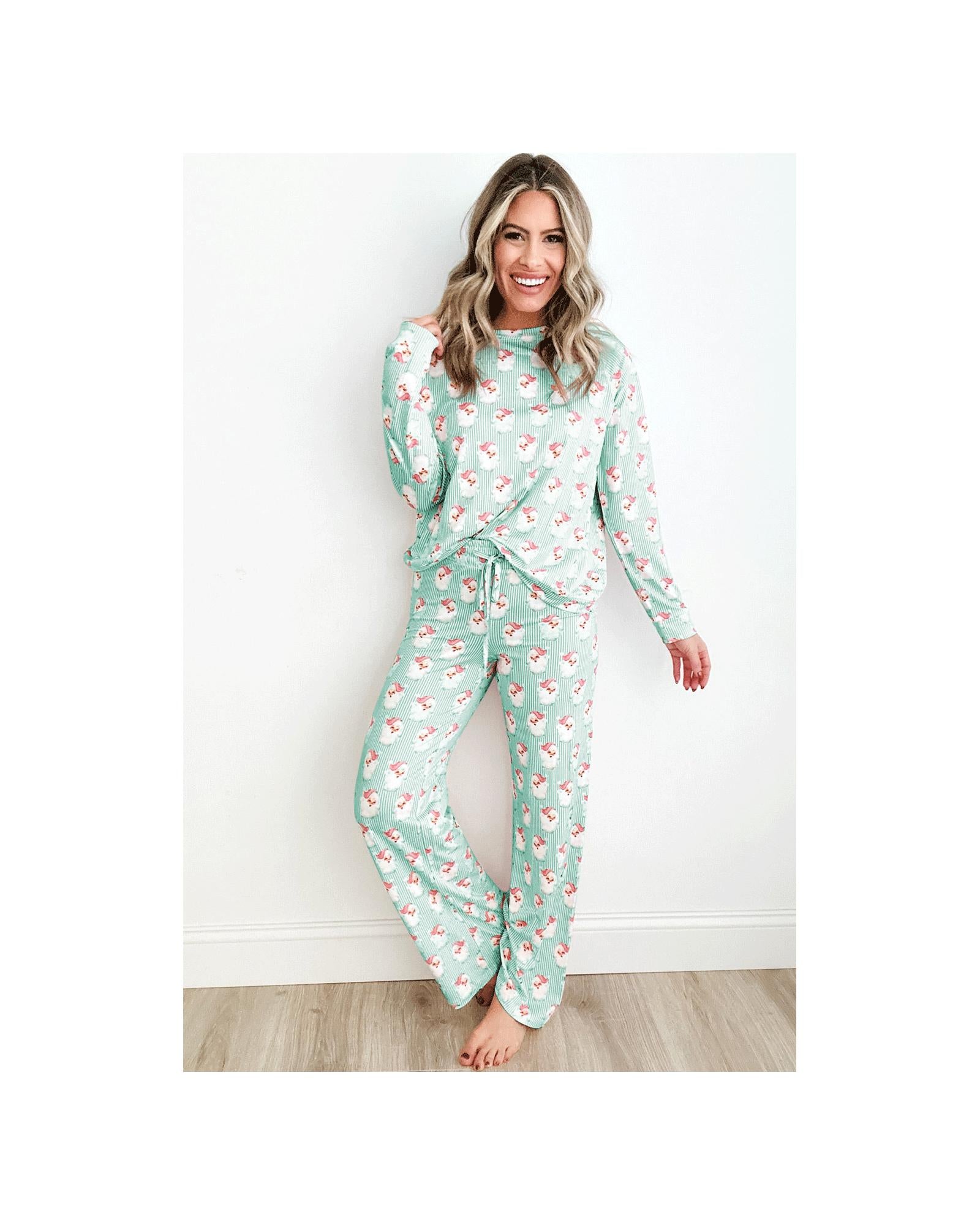 Green Santa Claus Striped Print Loose Fit Two Piece Lounge Set - 2XL 6