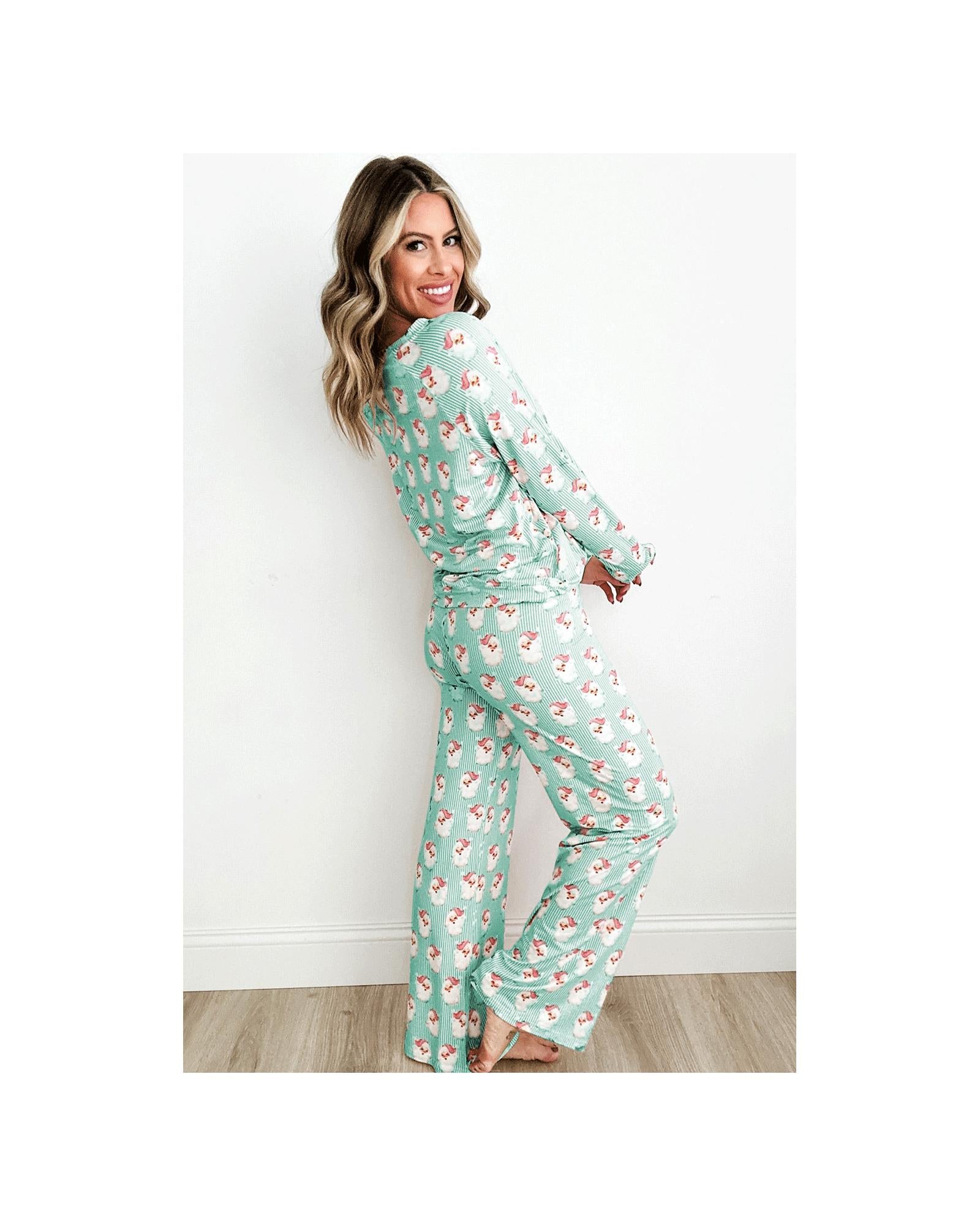 Green Santa Claus Striped Print Loose Fit Two Piece Lounge Set - 2XL 7