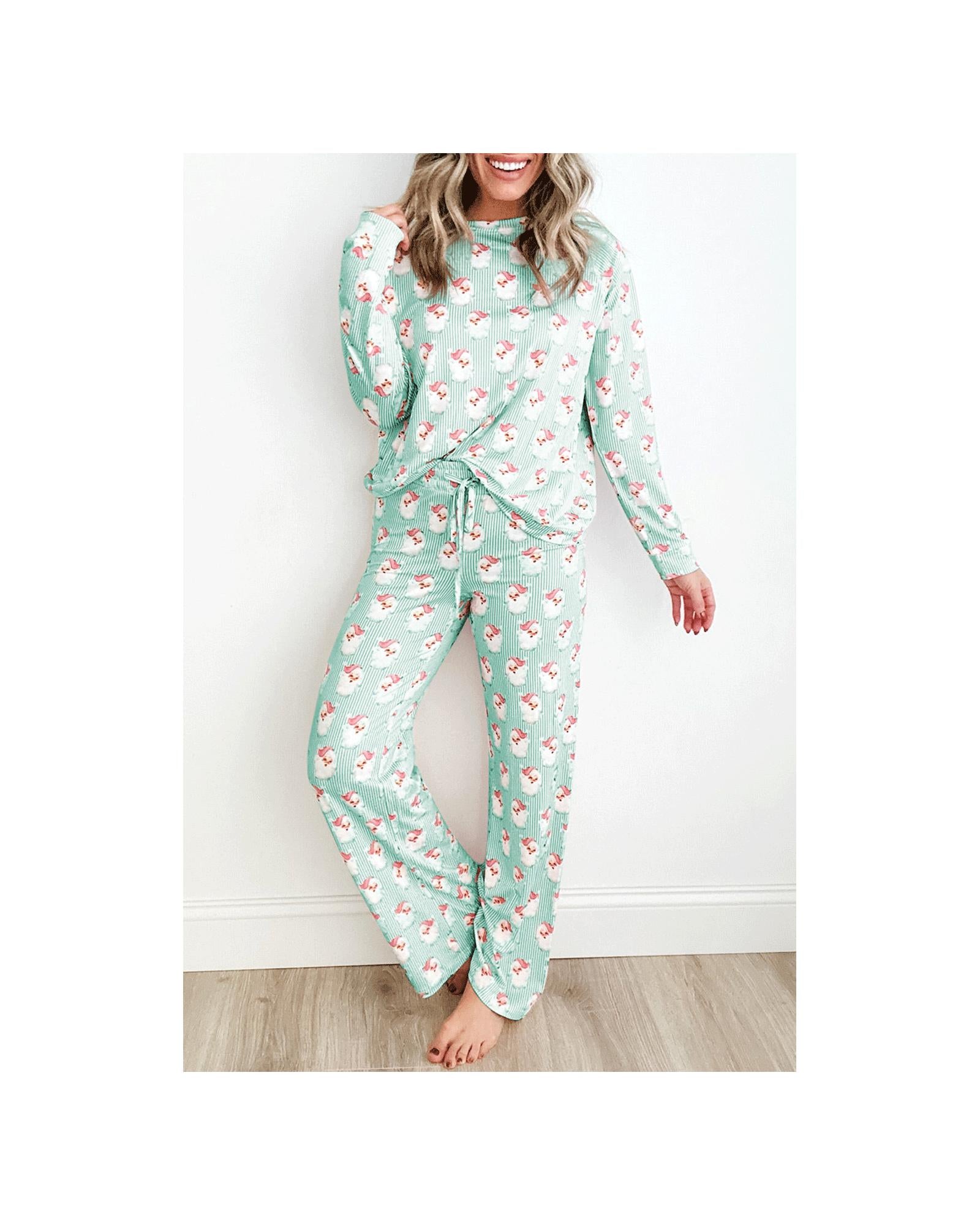Green Santa Claus Striped Print Loose Fit Two Piece Lounge Set - XL