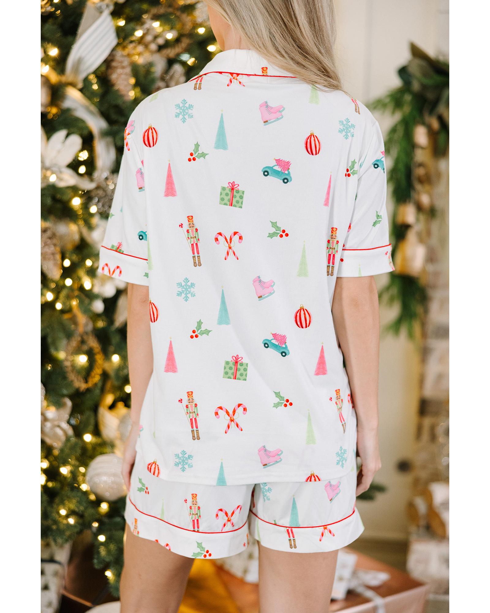 White Christmas Print Short Sleeve Shirt and Shorts Pajama Set - L 6