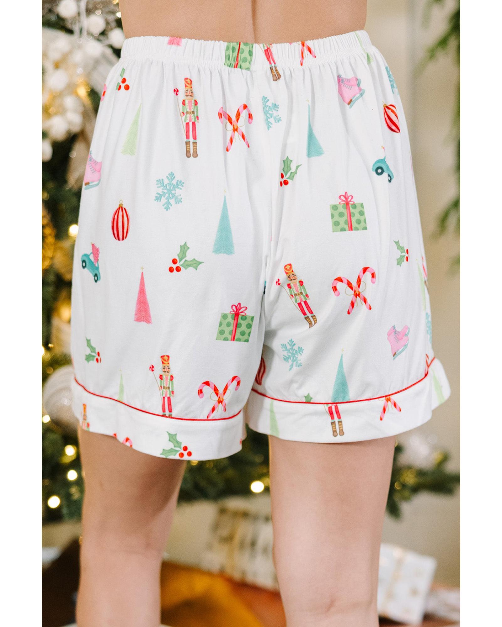 White Christmas Print Short Sleeve Shirt and Shorts Pajama Set - L 8