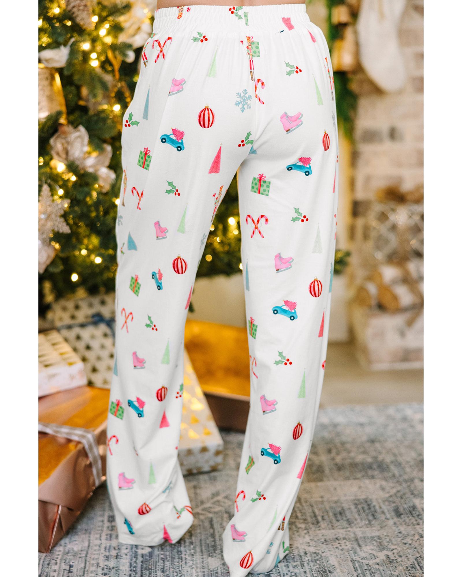 White Christmas Print Lapel Shirt and Pants Sleepwear - XL 3