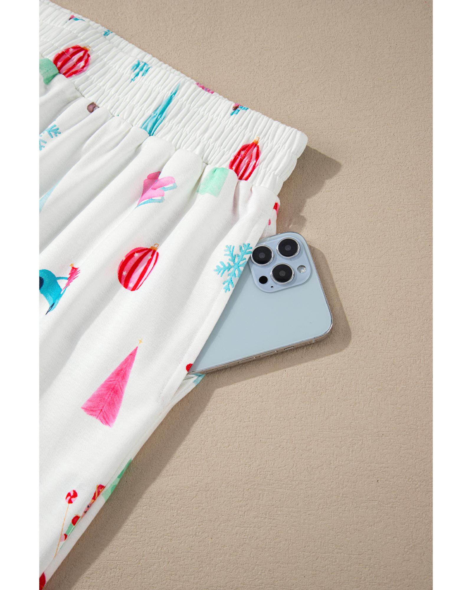 White Christmas Print Lapel Shirt and Pants Sleepwear - XL 4