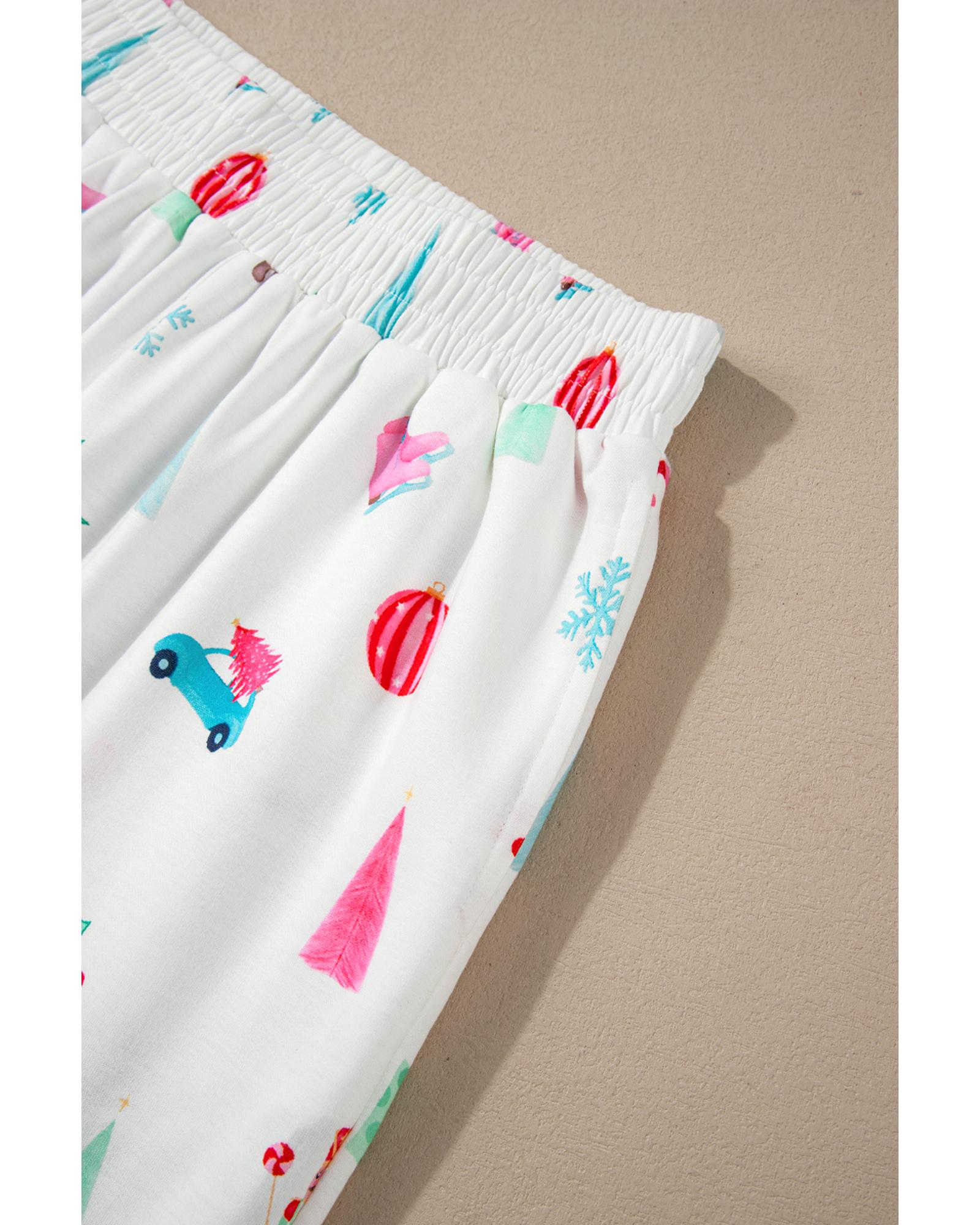 White Christmas Print Lapel Shirt and Pants Sleepwear - XL 5