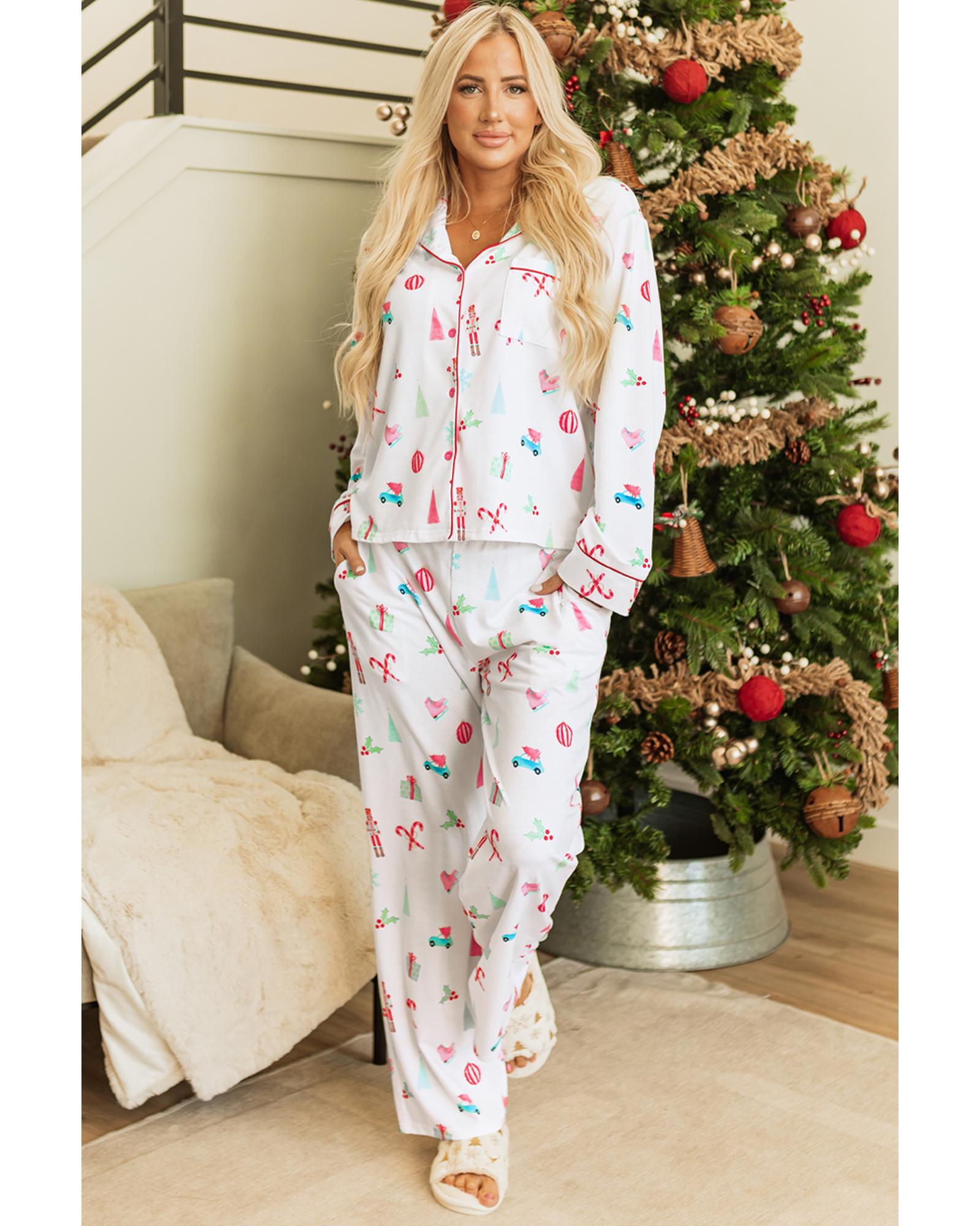 White Christmas Print Lapel Shirt and Pants Sleepwear - XL 6