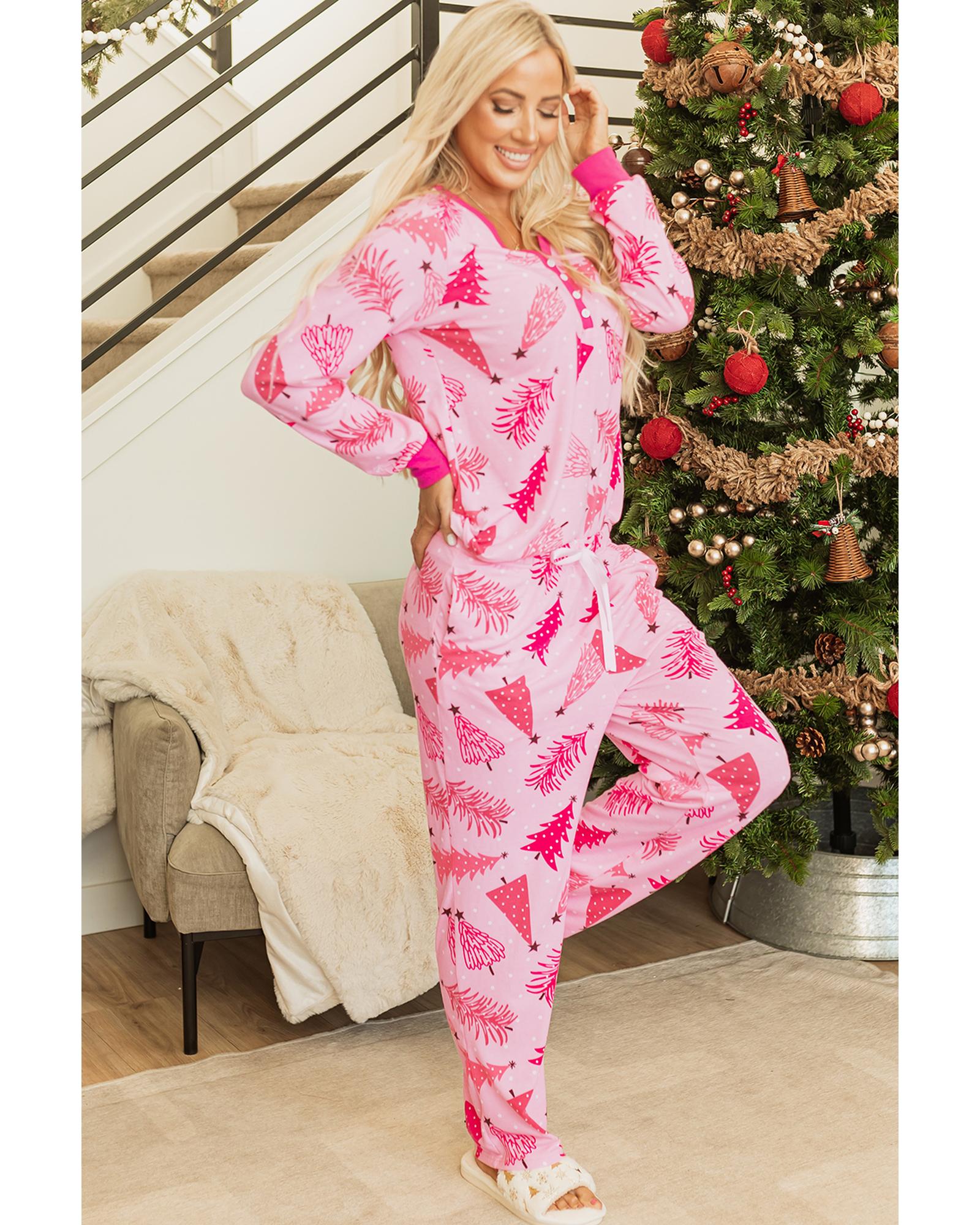 Pink Christmas Tree Print V Neck Buttoned Pullover and Drawstring Pants Lounge Set - M 5